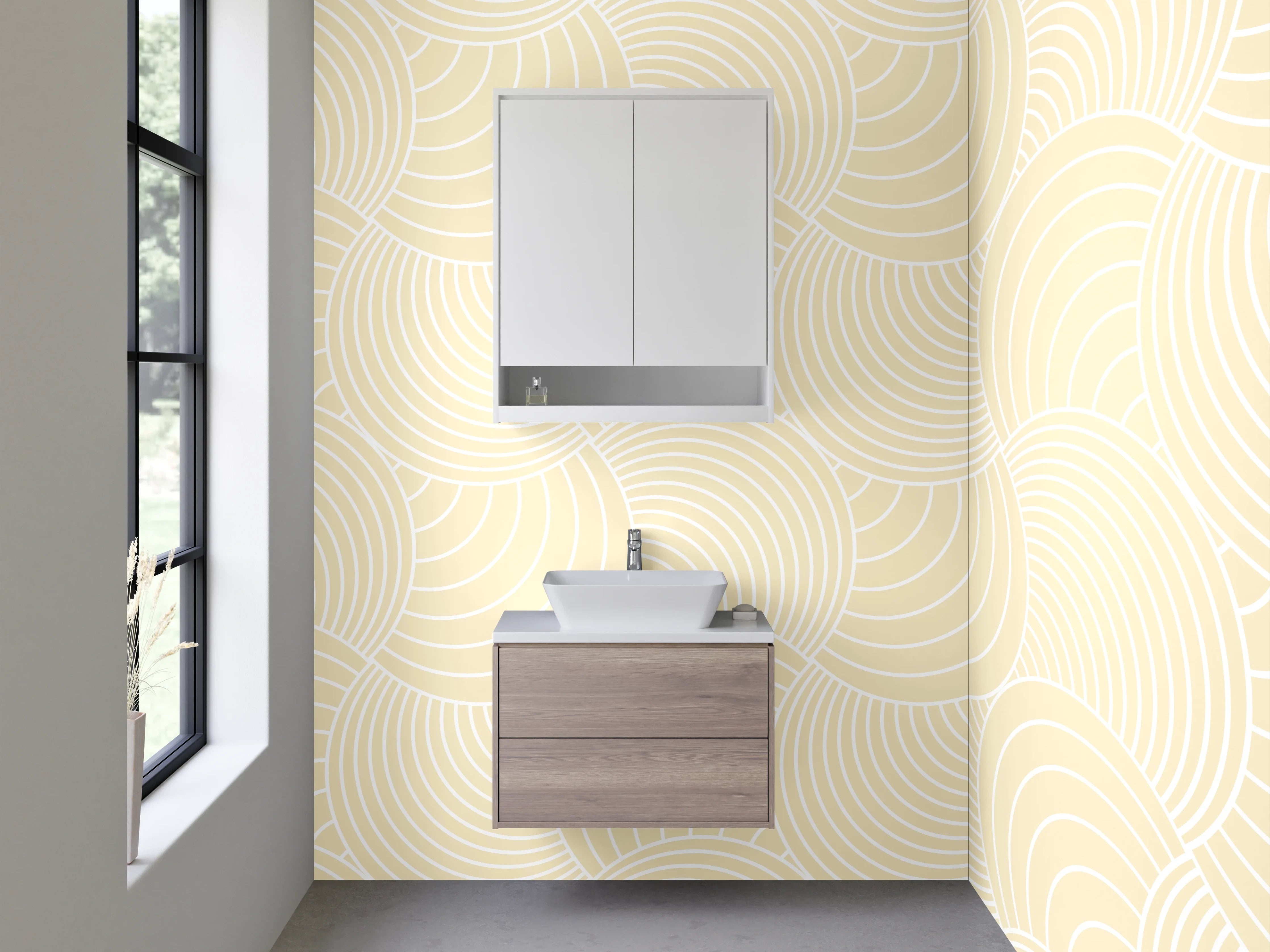 Waschbecken-Rückwand - Graubeige Retro Tapete mit Wellenornament