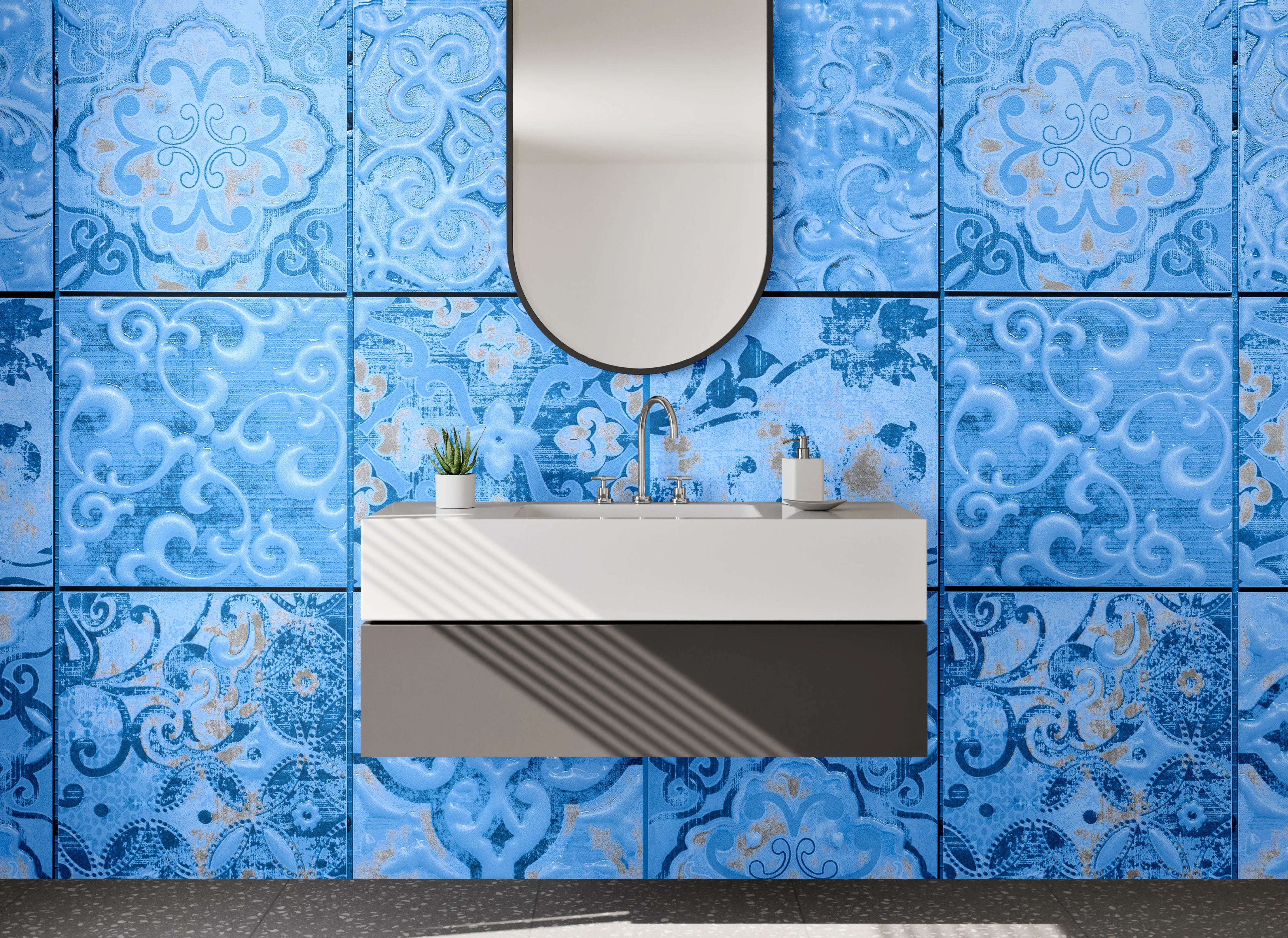 Waschbecken-Rückwand - Graublaue Retro-Fliesen mit weißen Mustern