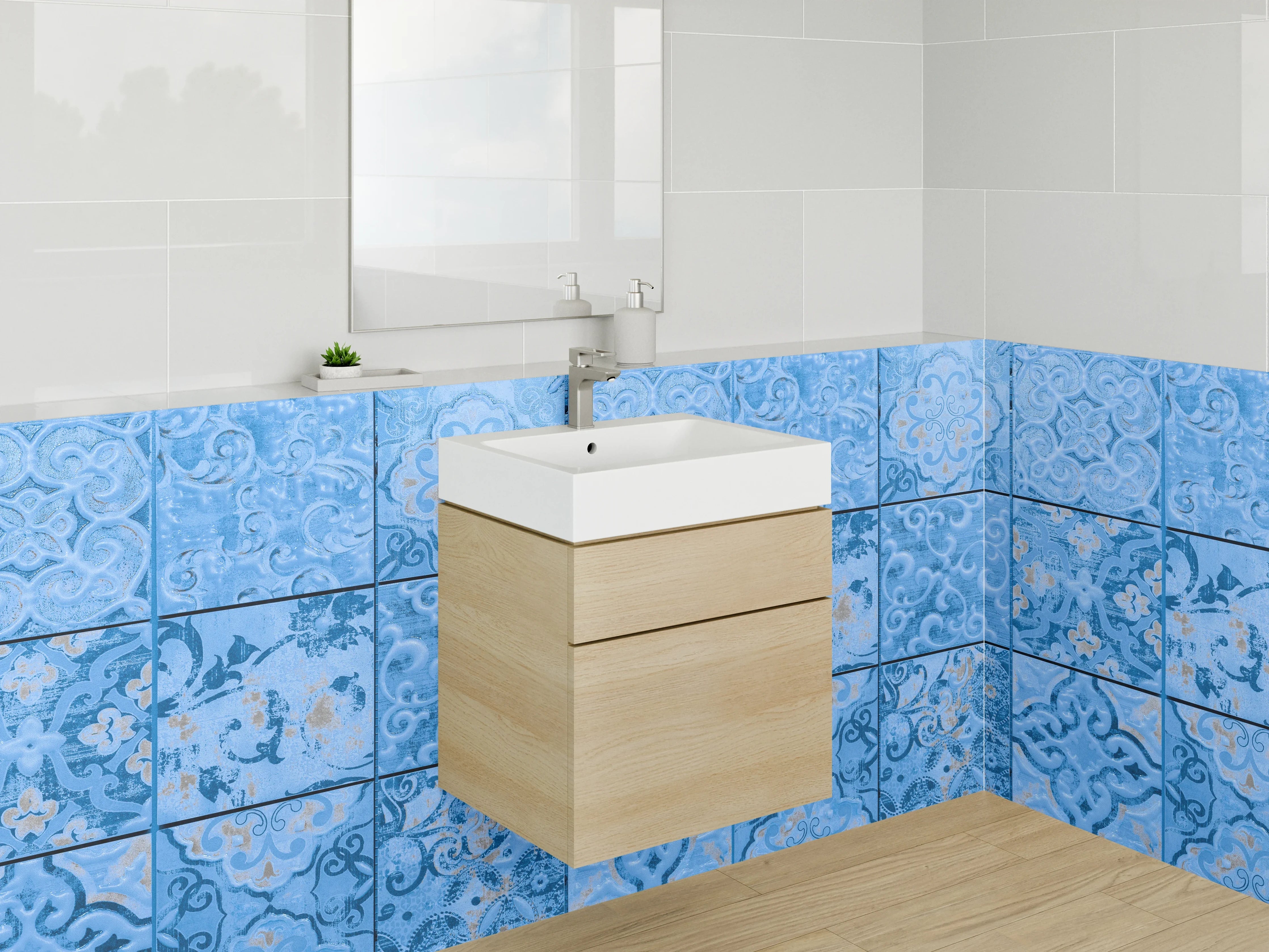 Waschbecken-Rückwand - Graublaue Retro-Fliesen mit weißen Mustern