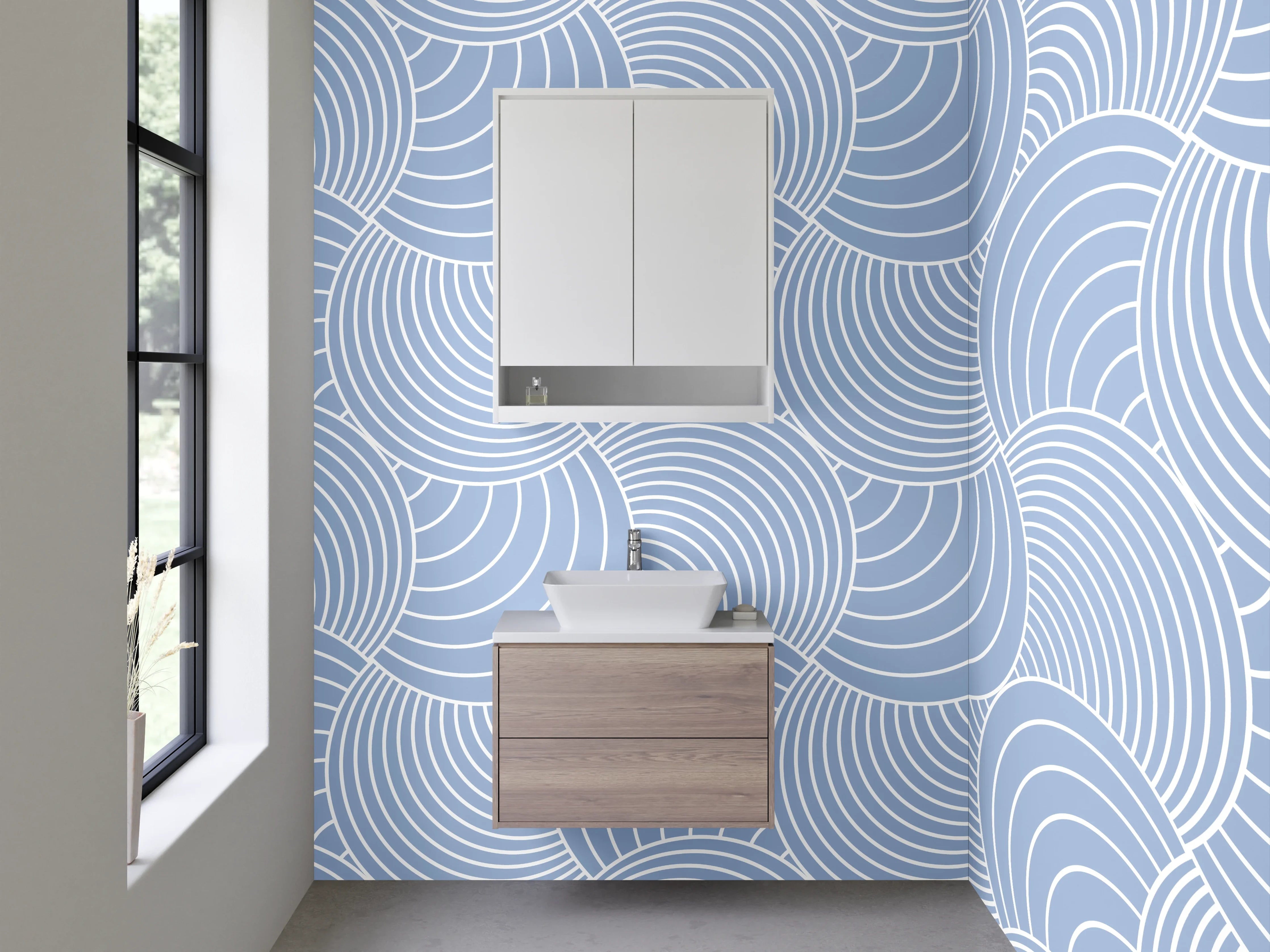 Waschbecken-Rückwand - Graublaue Wellenkunst auf Weiß