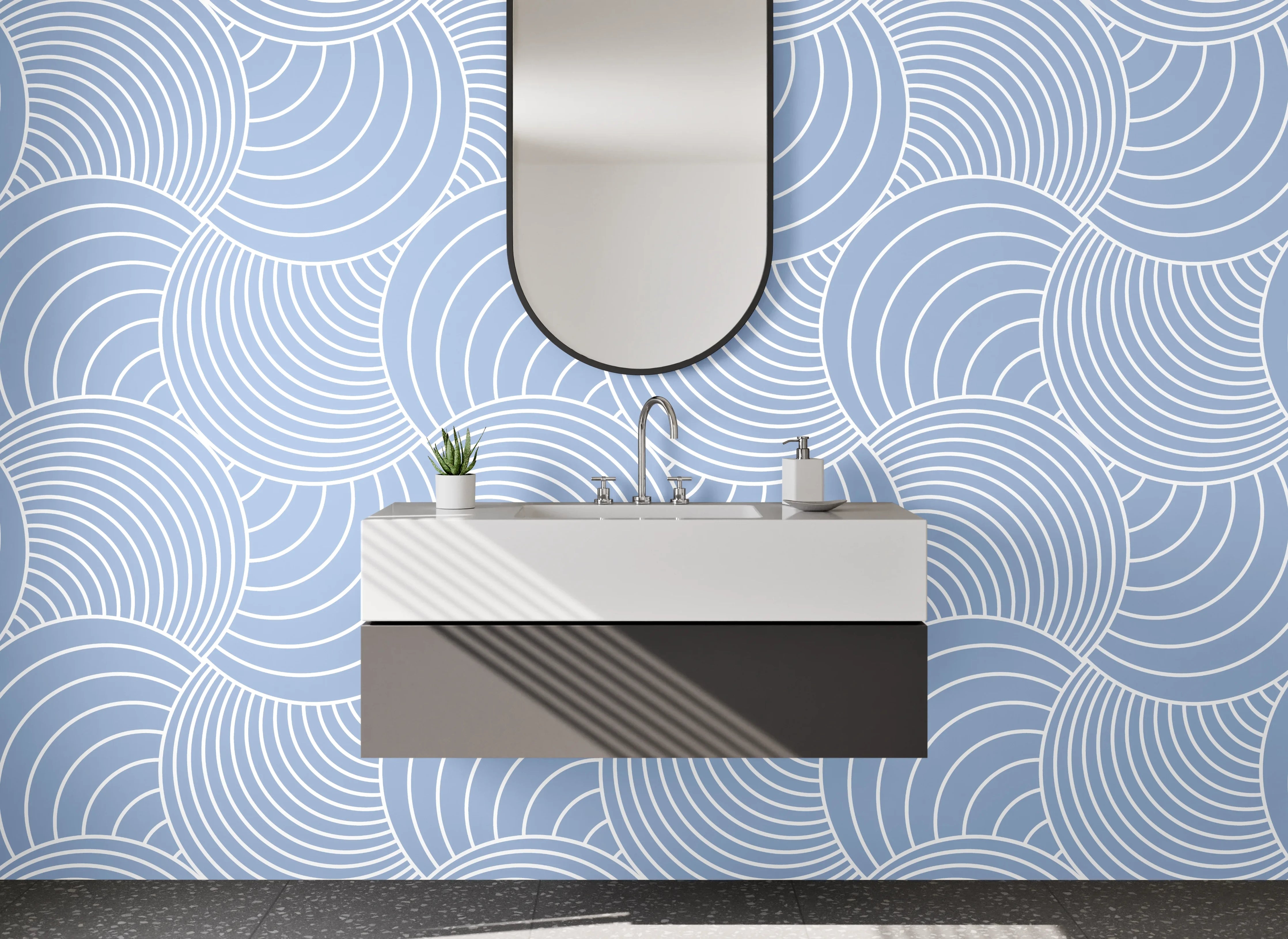 Waschbecken-Rückwand - Graublaue Wellenkunst auf Weiß