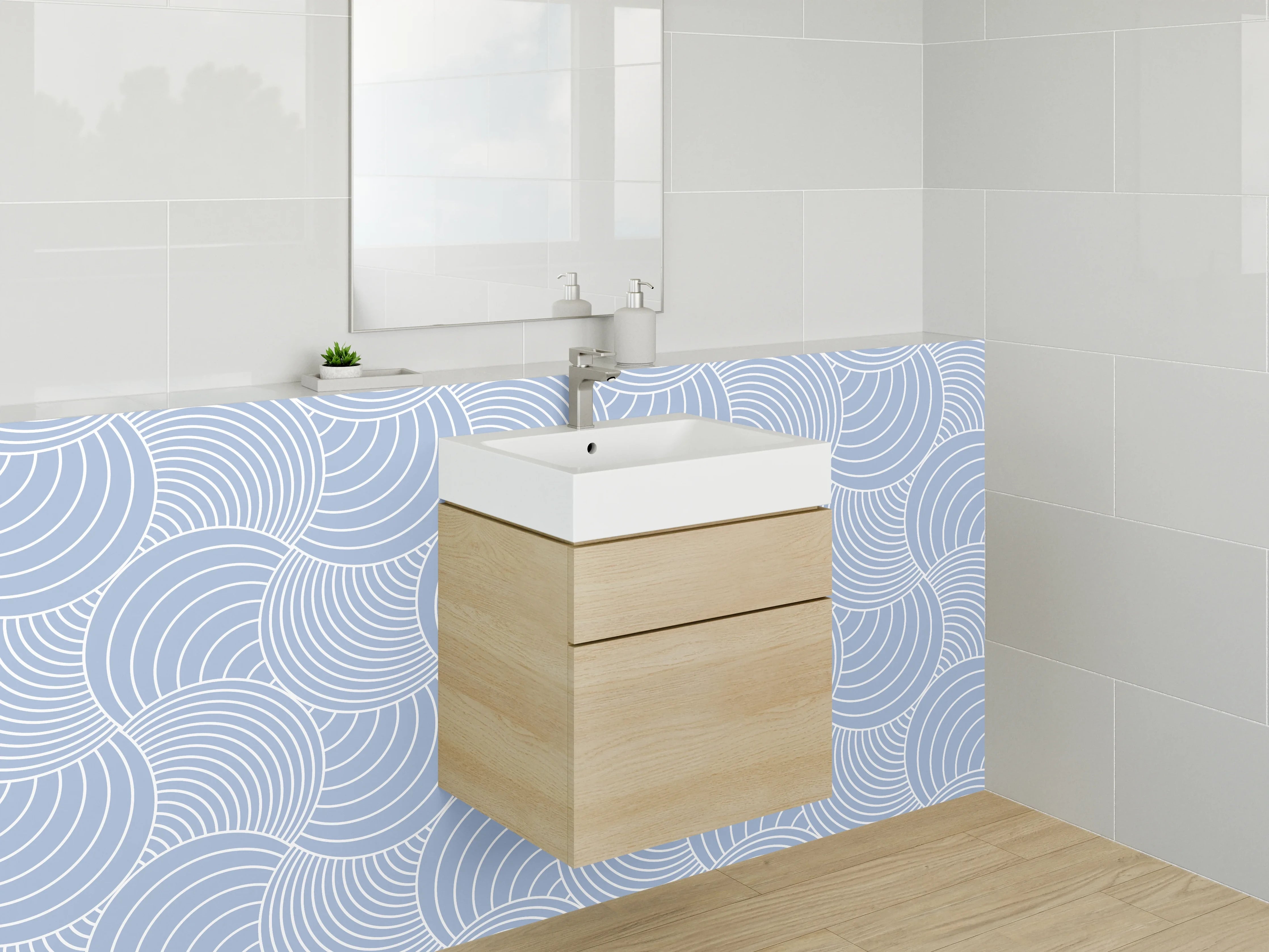 Waschbecken-Rückwand - Graublaue Wellenkunst auf Weiß