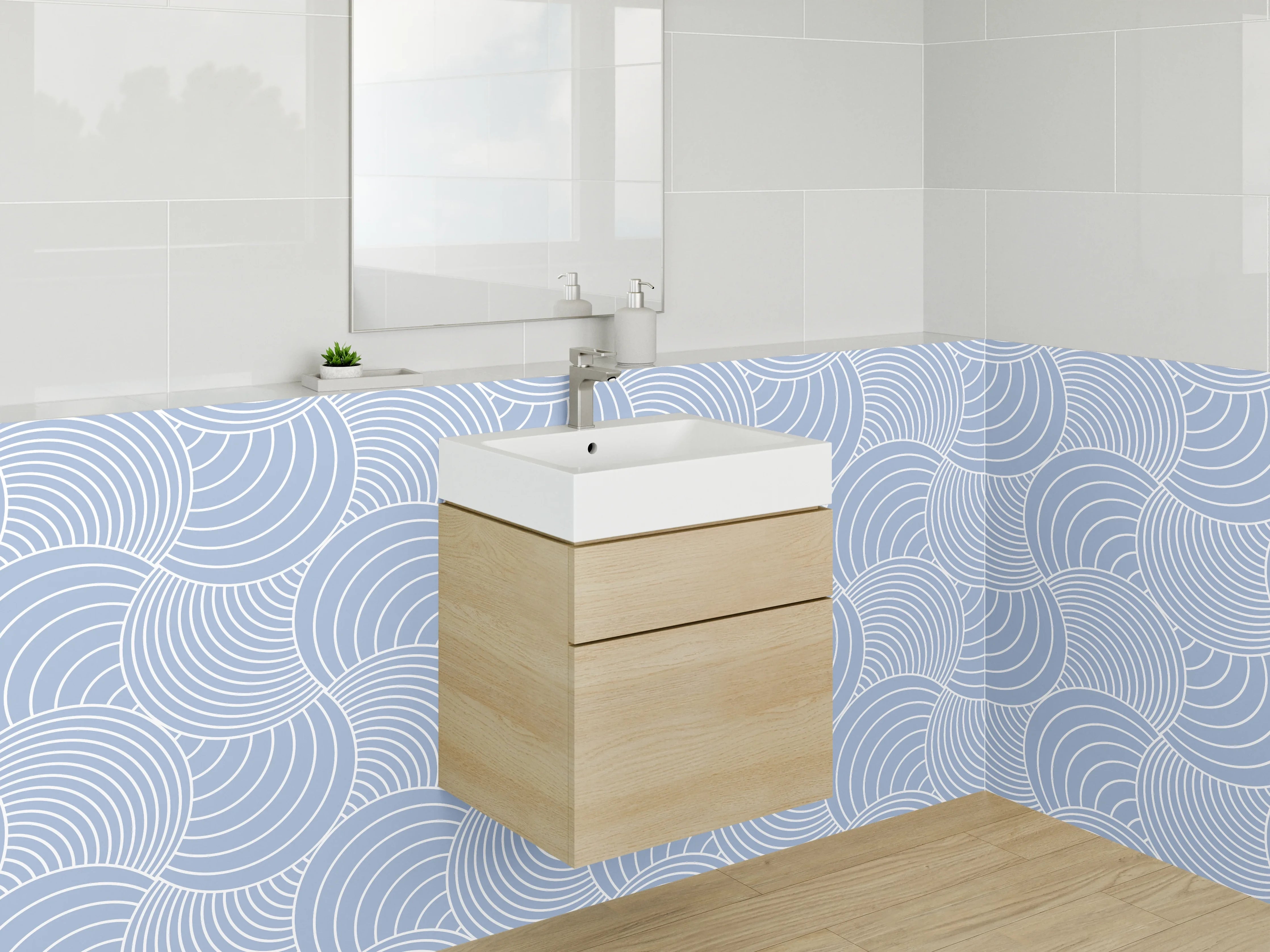Waschbecken-Rückwand - Graublaue Wellenkunst auf Weiß