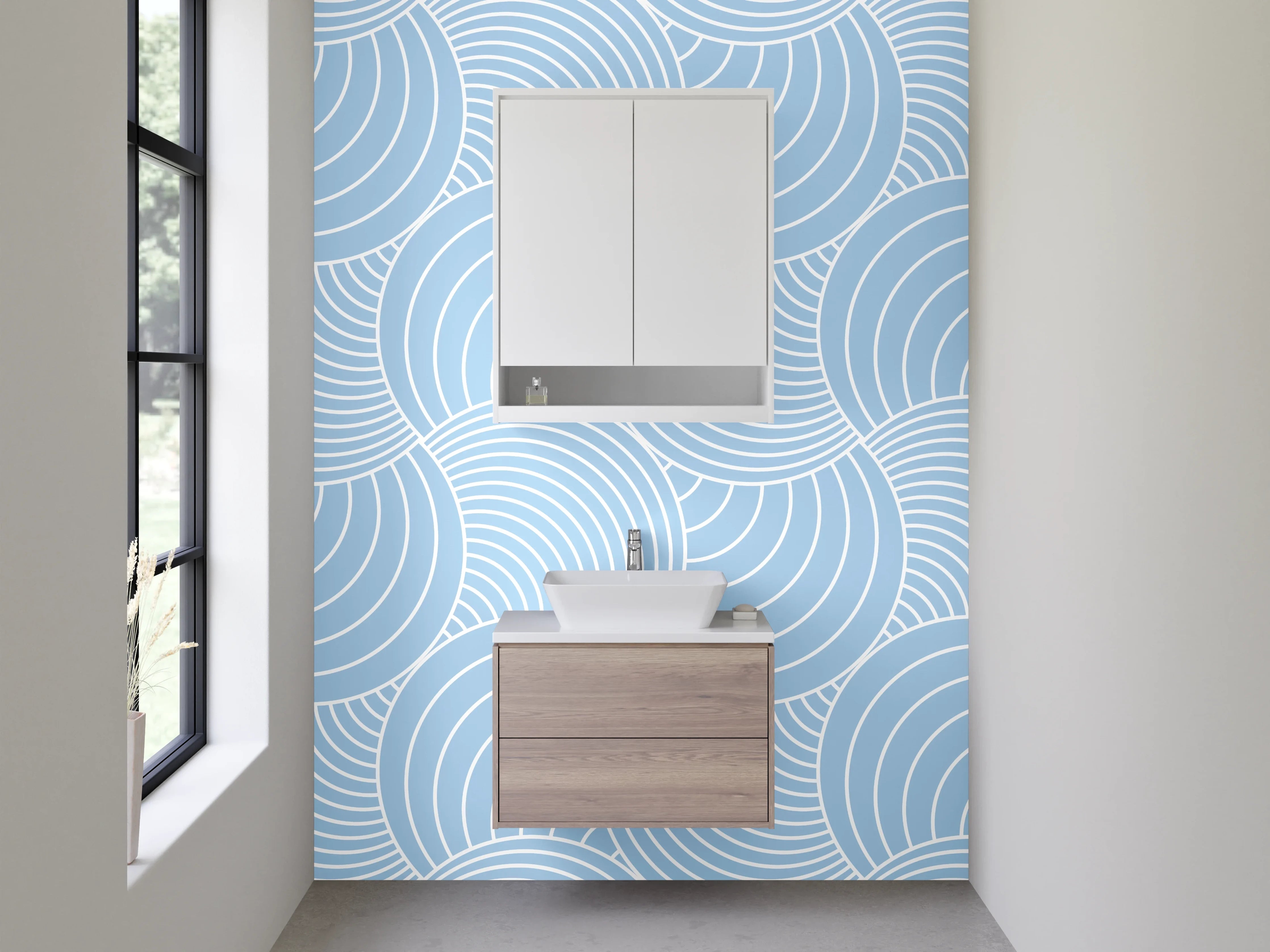 Waschbecken-Rückwand - Graublaue Wellenkunst im Zen-Stil