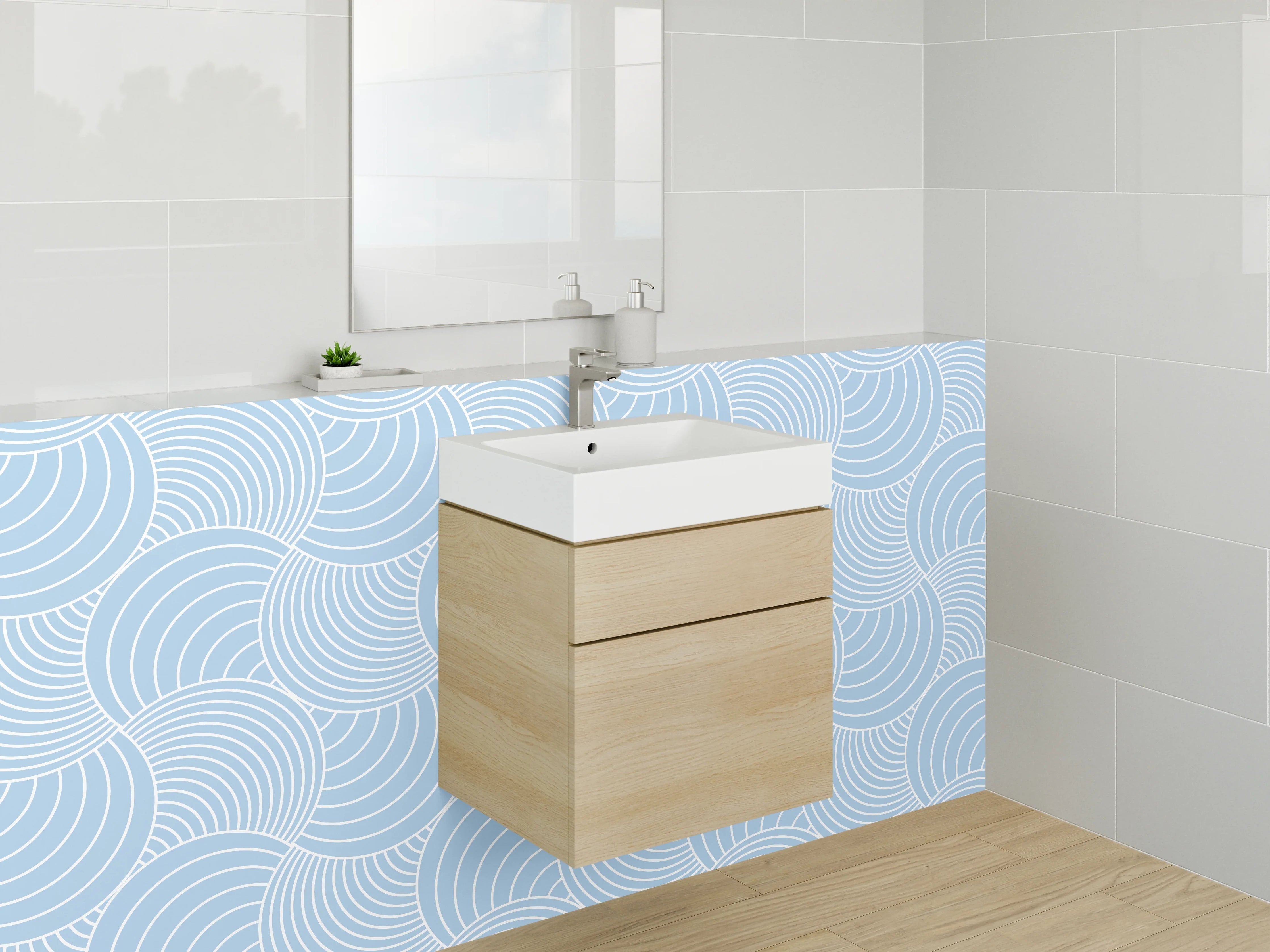 Waschbecken-Rückwand - Graublaue Wellenkunst im Zen-Stil