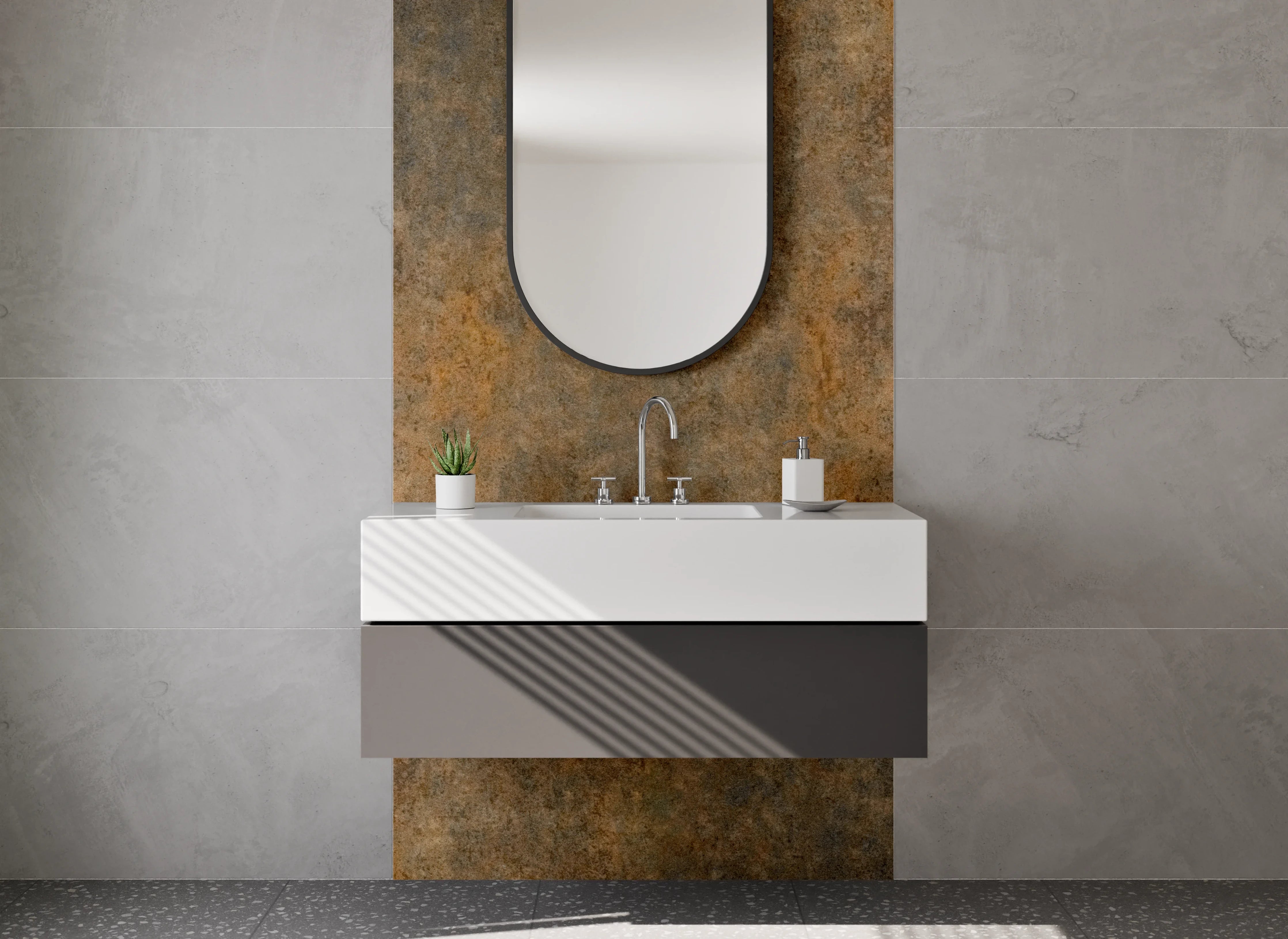 Waschbecken-Rückwand - Graubraune Fliesen in Rostdesign