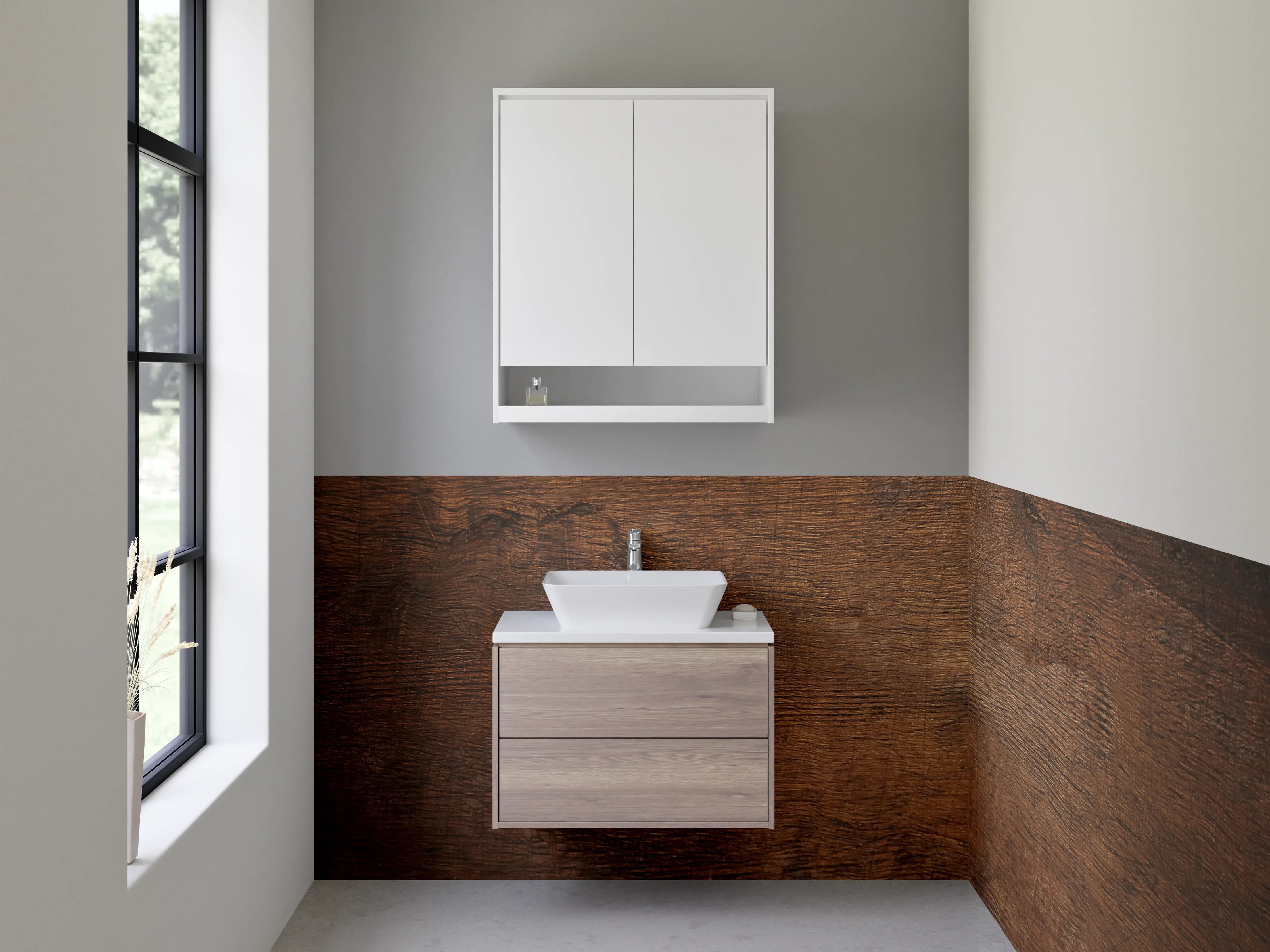 Waschbecken-Rückwand - Graubraune Holzoptik mit weißen Akzenten