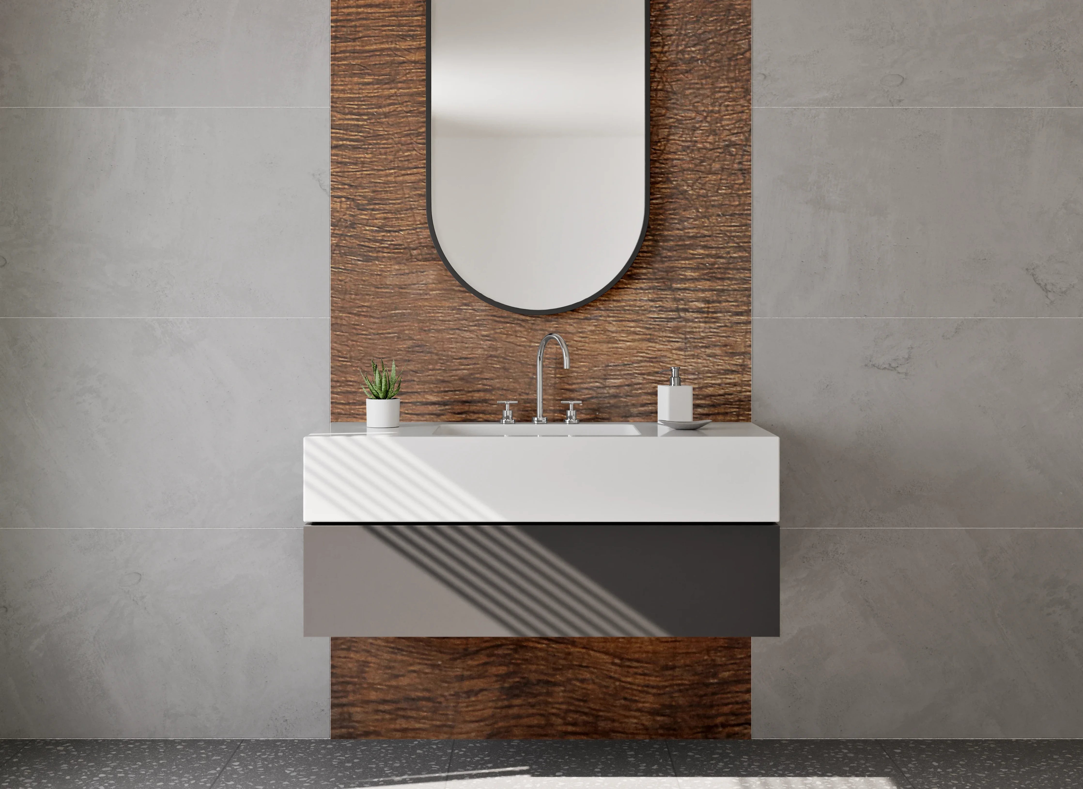 Waschbecken-Rückwand - Graubraune Holzoptik mit weißen Akzenten