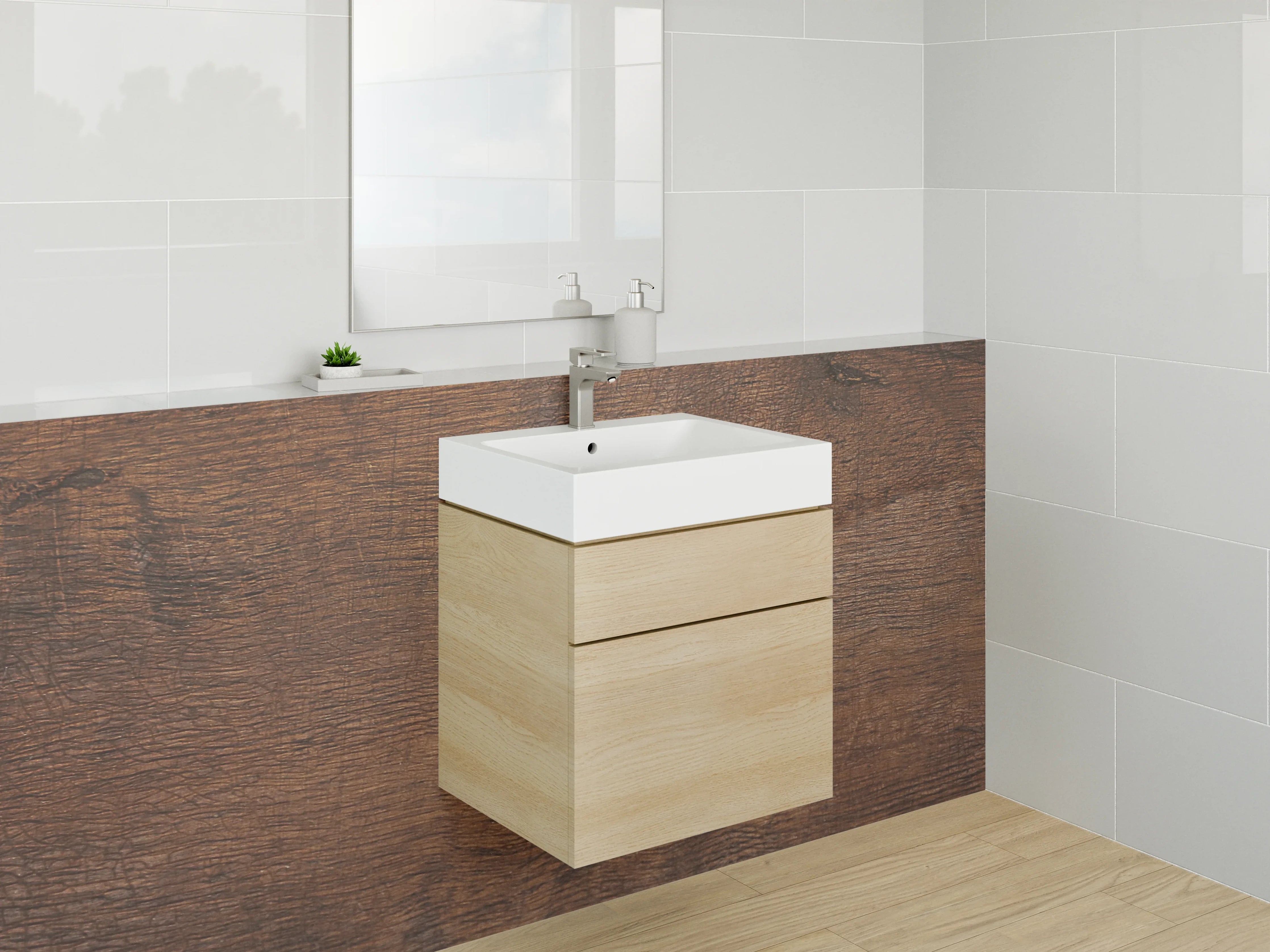 Waschbecken-Rückwand - Graubraune Holzoptik mit weißen Akzenten