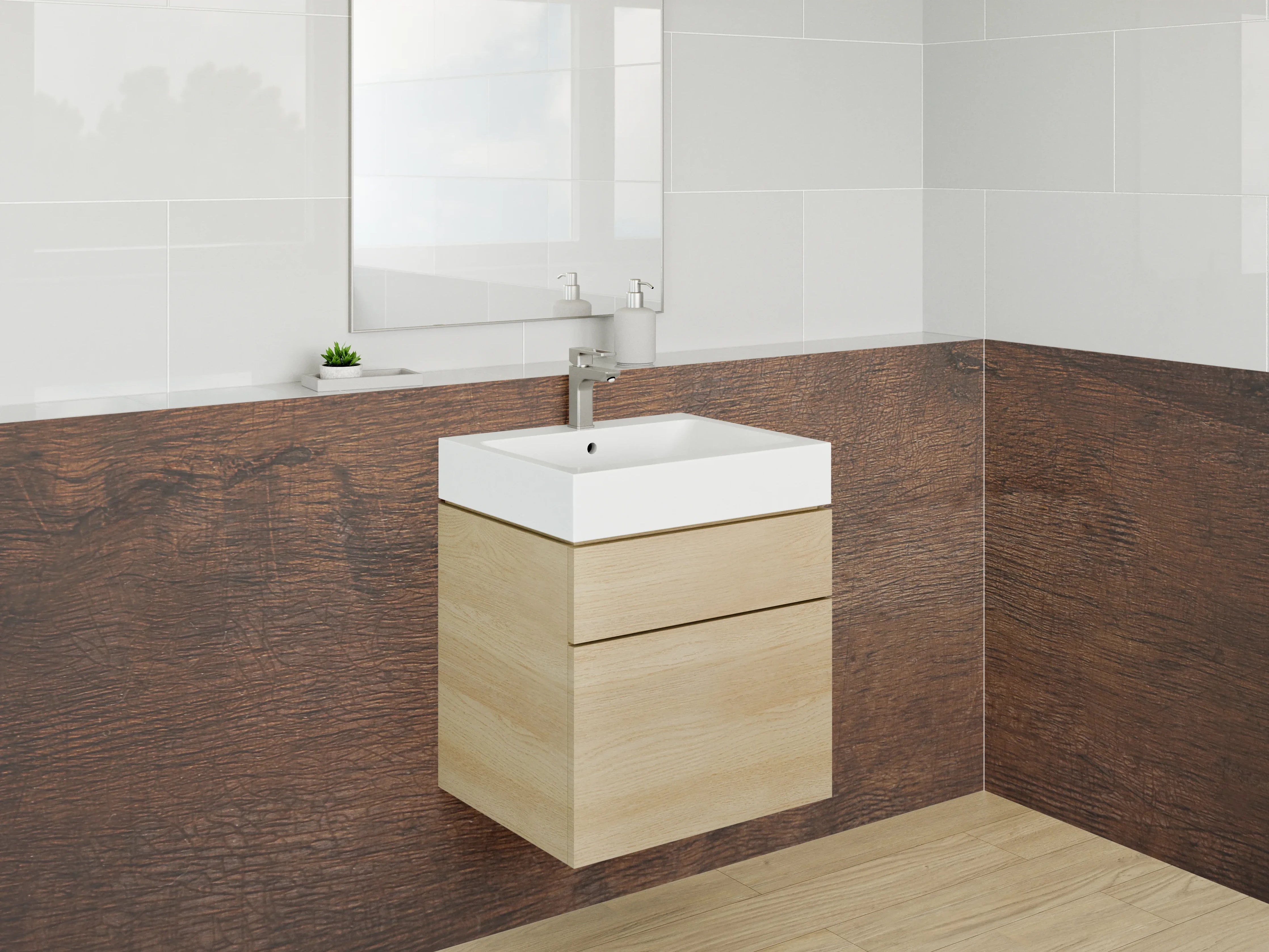 Waschbecken-Rückwand - Graubraune Holzoptik mit weißen Akzenten