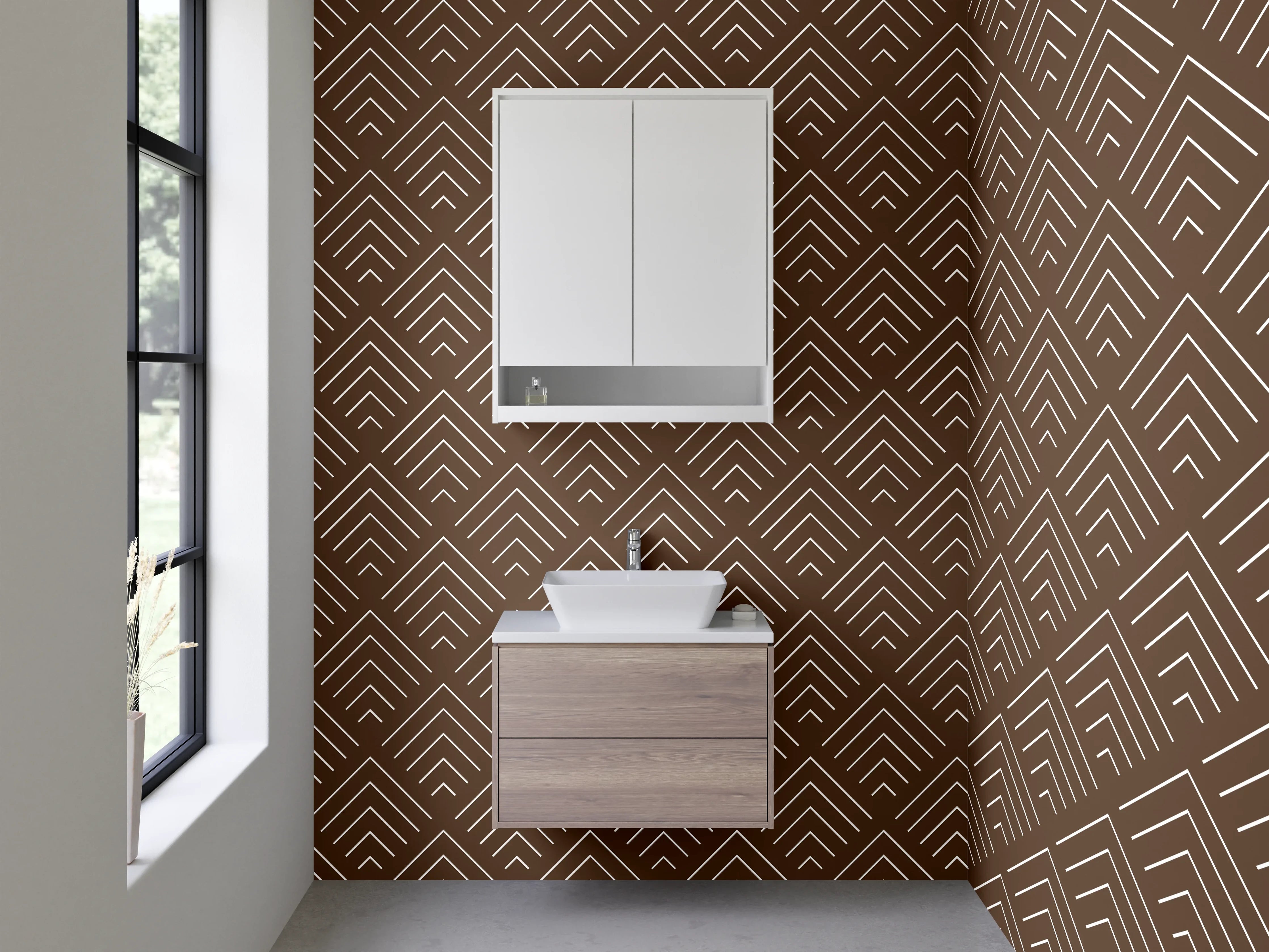 Waschbecken-Rückwand - Graubraune Vintage-Geometrie auf Weiß