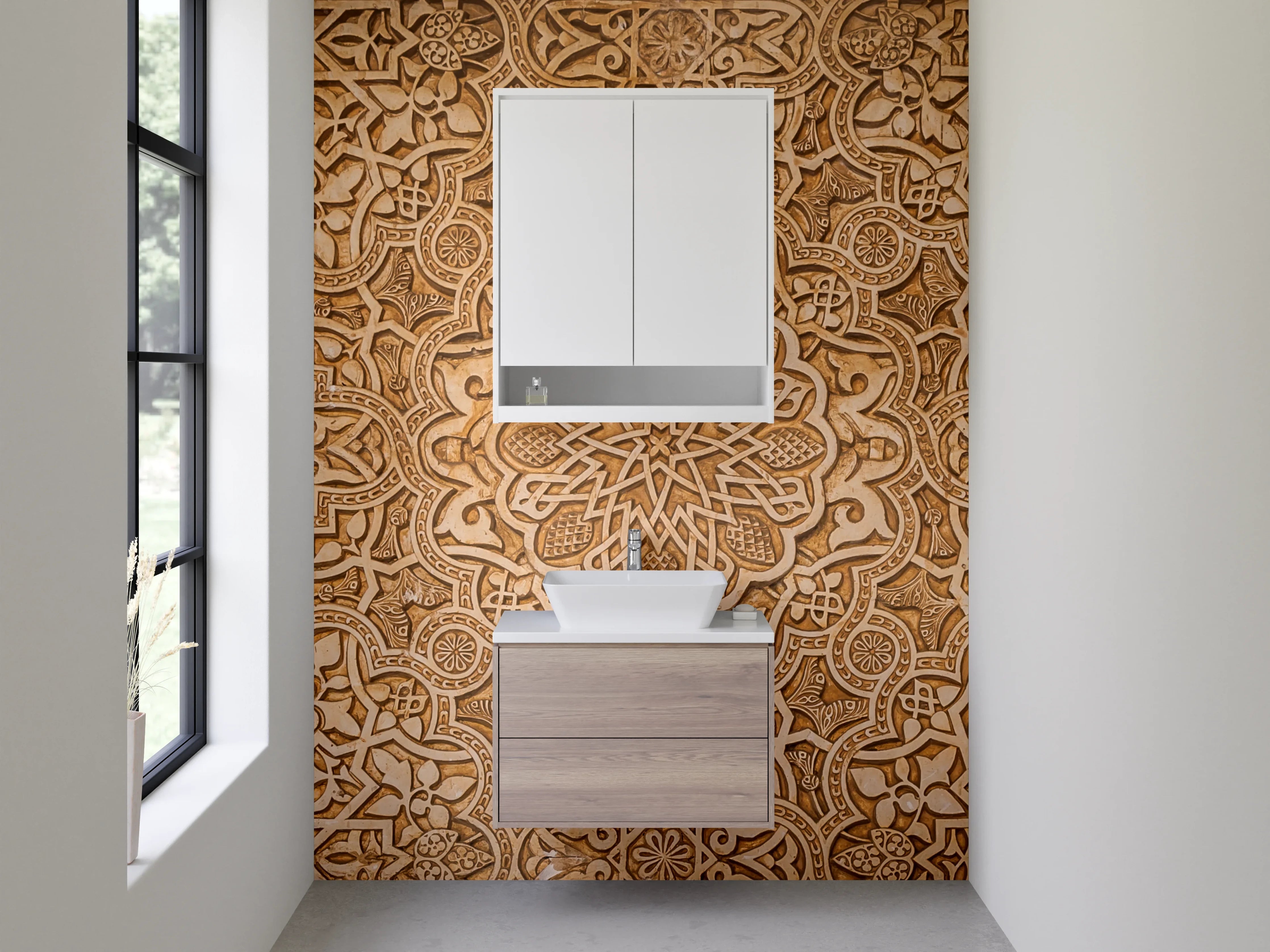 Waschbecken-Rückwand - Graubraunes Mosaik mit weißen Ornamenten