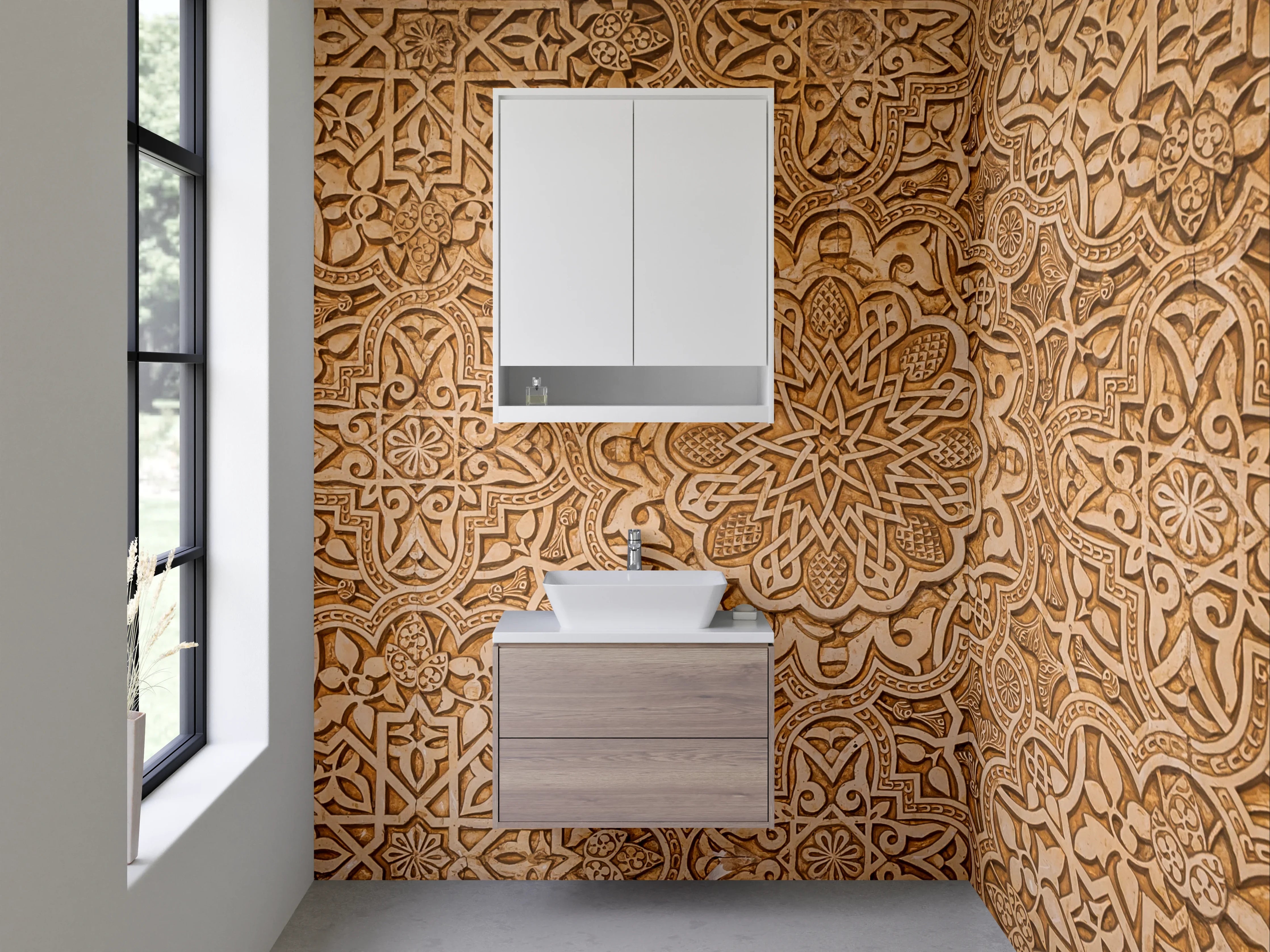 Waschbecken-Rückwand - Graubraunes Mosaik mit weißen Ornamenten