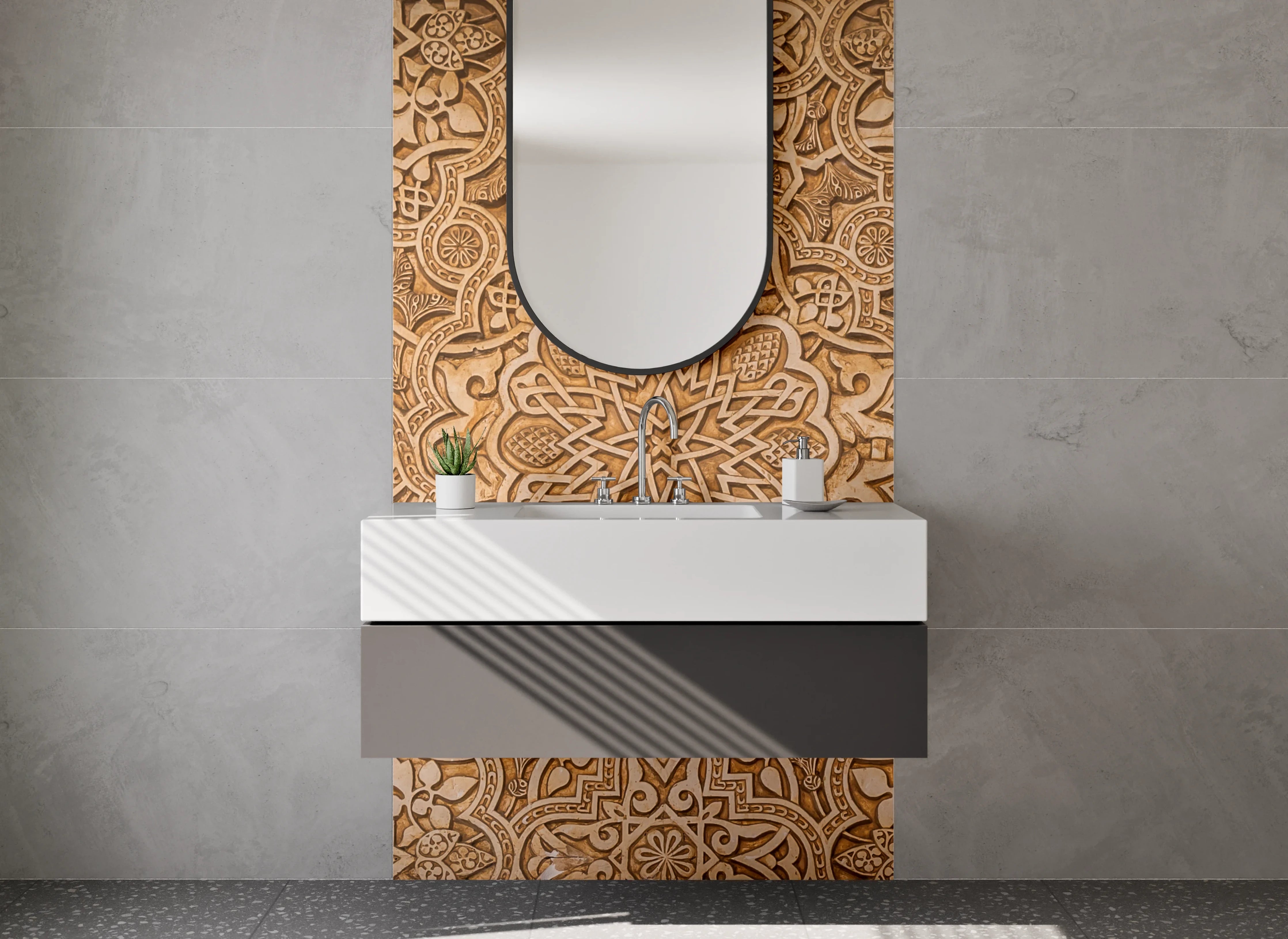 Waschbecken-Rückwand - Graubraunes Mosaik mit weißen Ornamenten