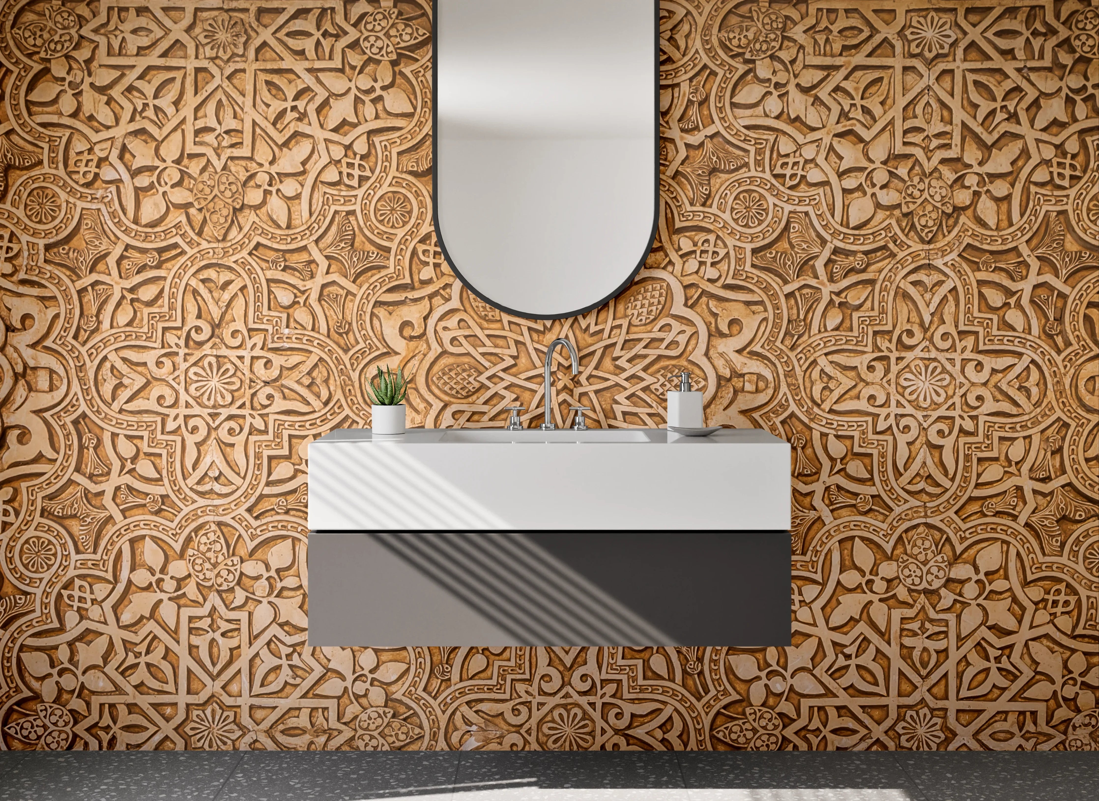 Waschbecken-Rückwand - Graubraunes Mosaik mit weißen Ornamenten