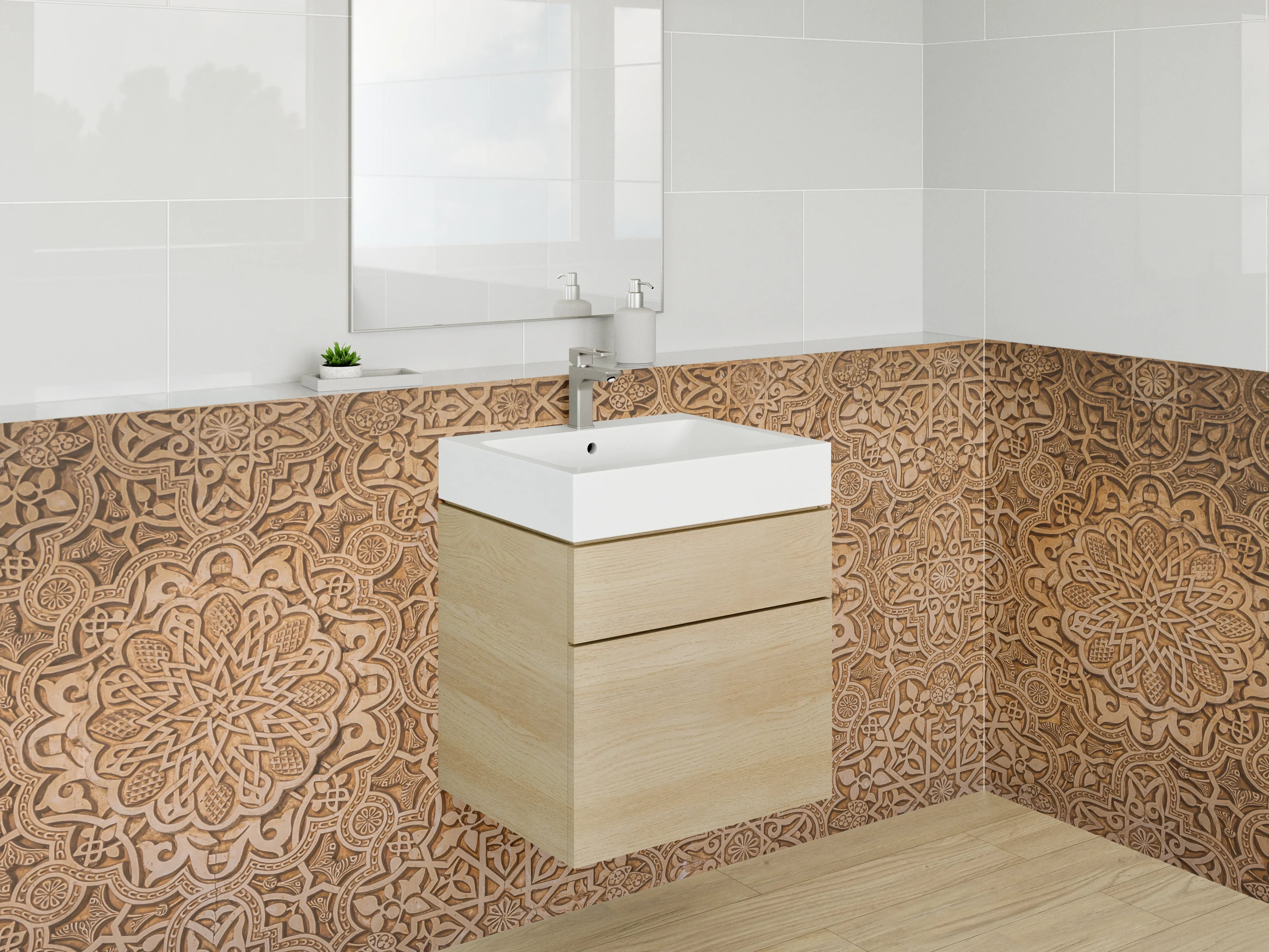 Waschbecken-Rückwand - Graubraunes Mosaik mit weißen Ornamenten