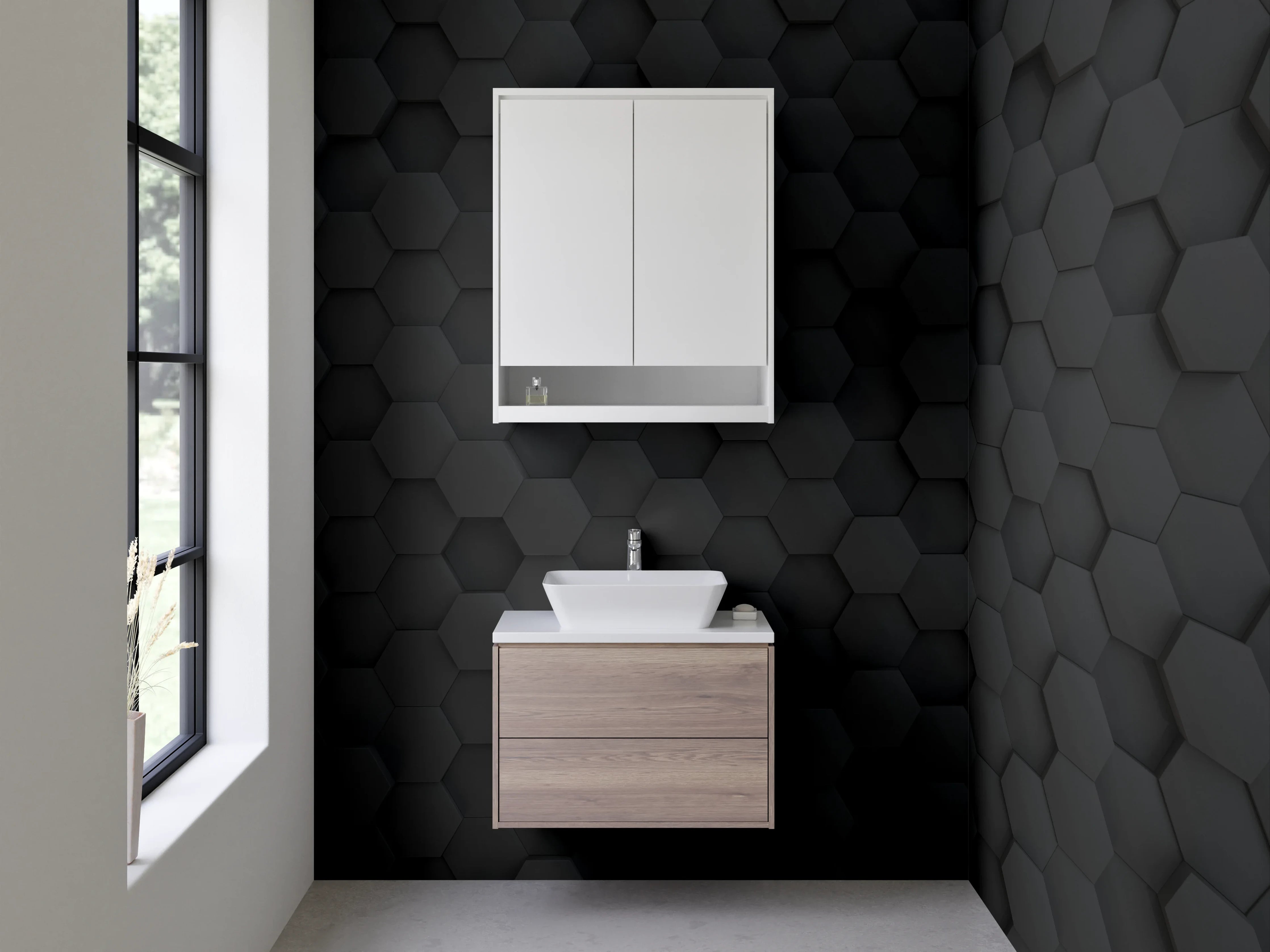 Waschbecken-Rückwand - Graue 3D-Hexagon-Struktur auf Weiß