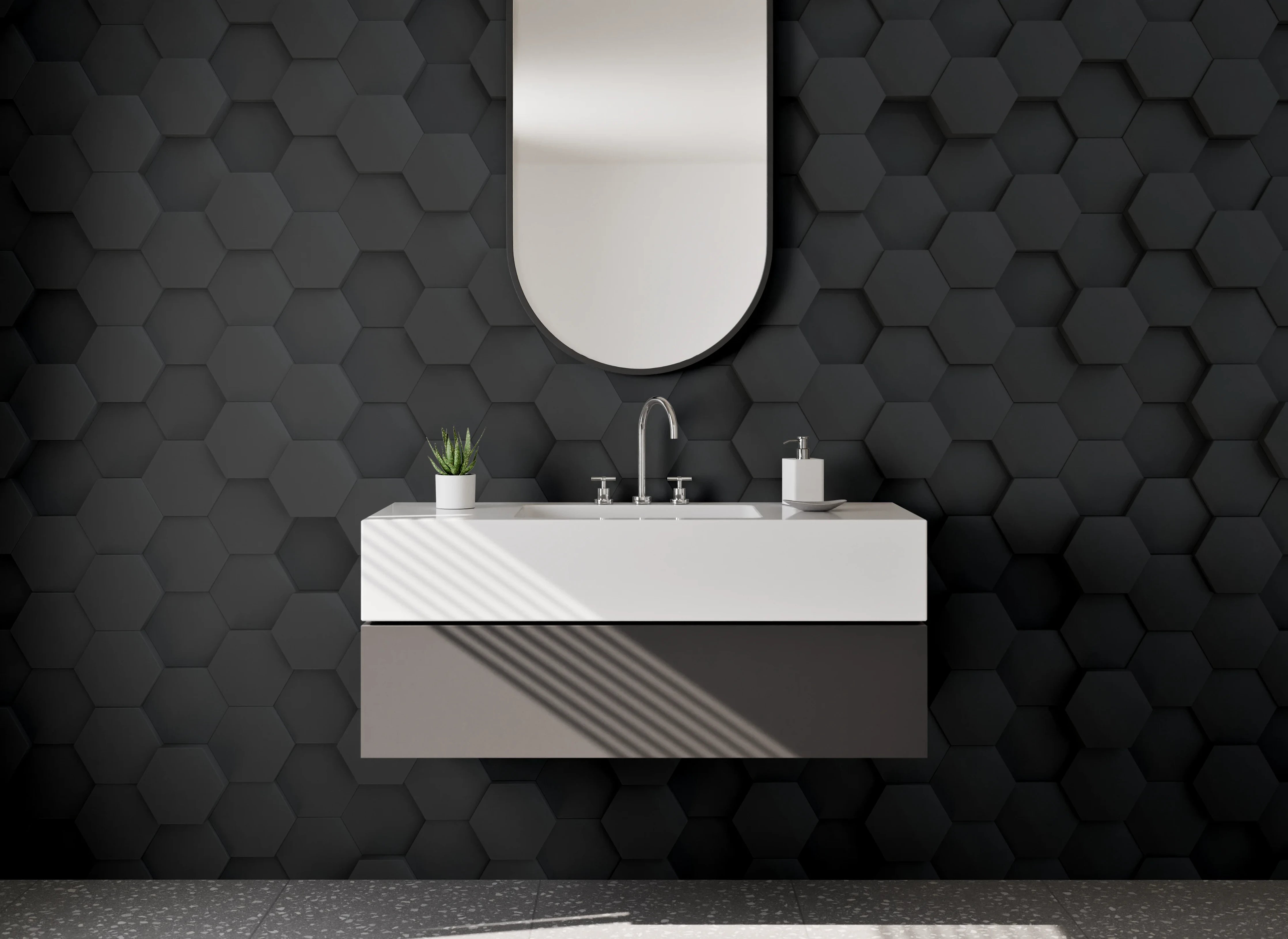 Waschbecken-Rückwand - Graue 3D-Hexagon-Struktur auf Weiß