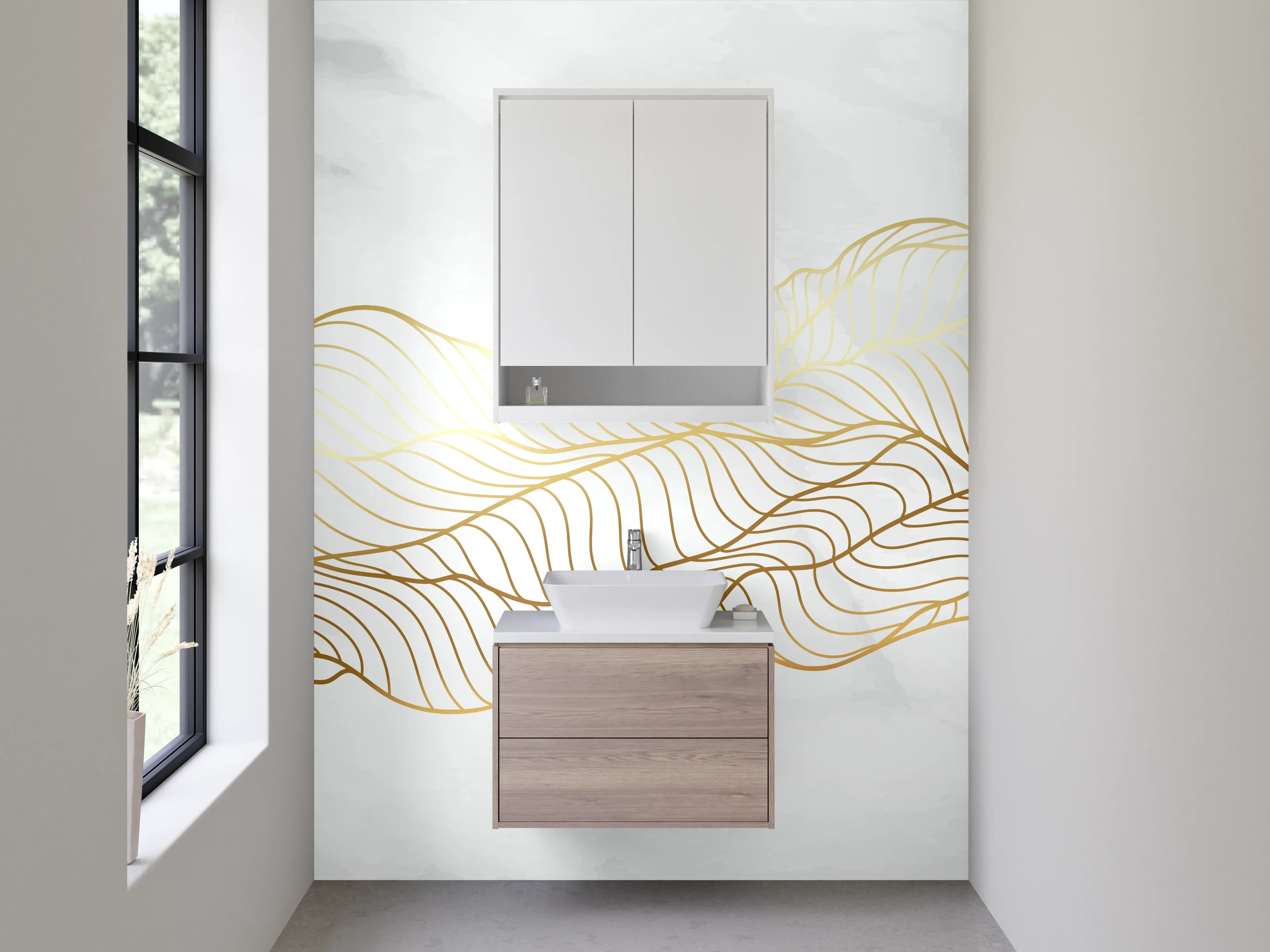 Waschbecken-Rückwand - Graue Akzente auf goldener Marmorlinie