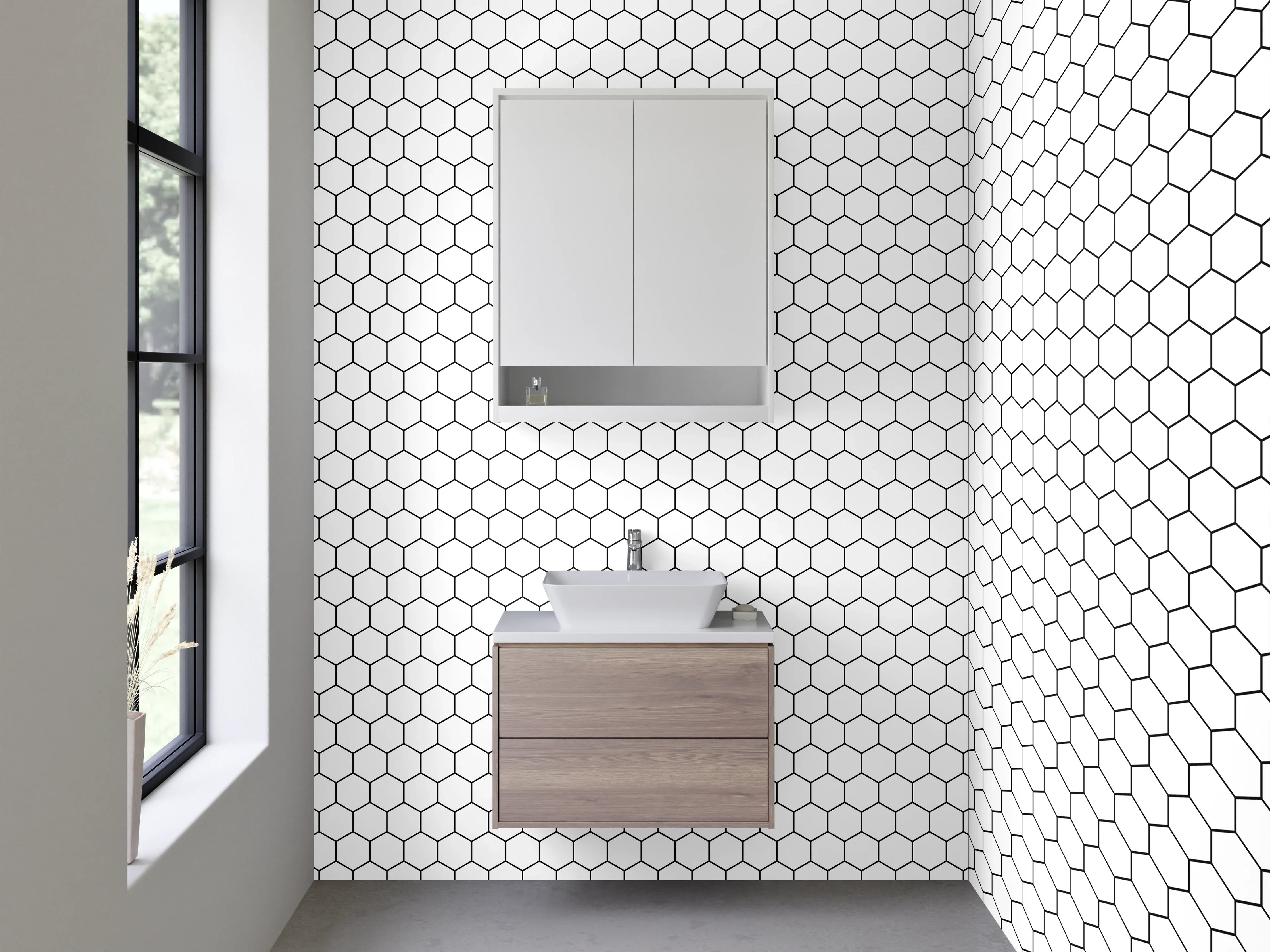 Waschbecken-Rückwand - Graue Akzente auf weißem Hexagon