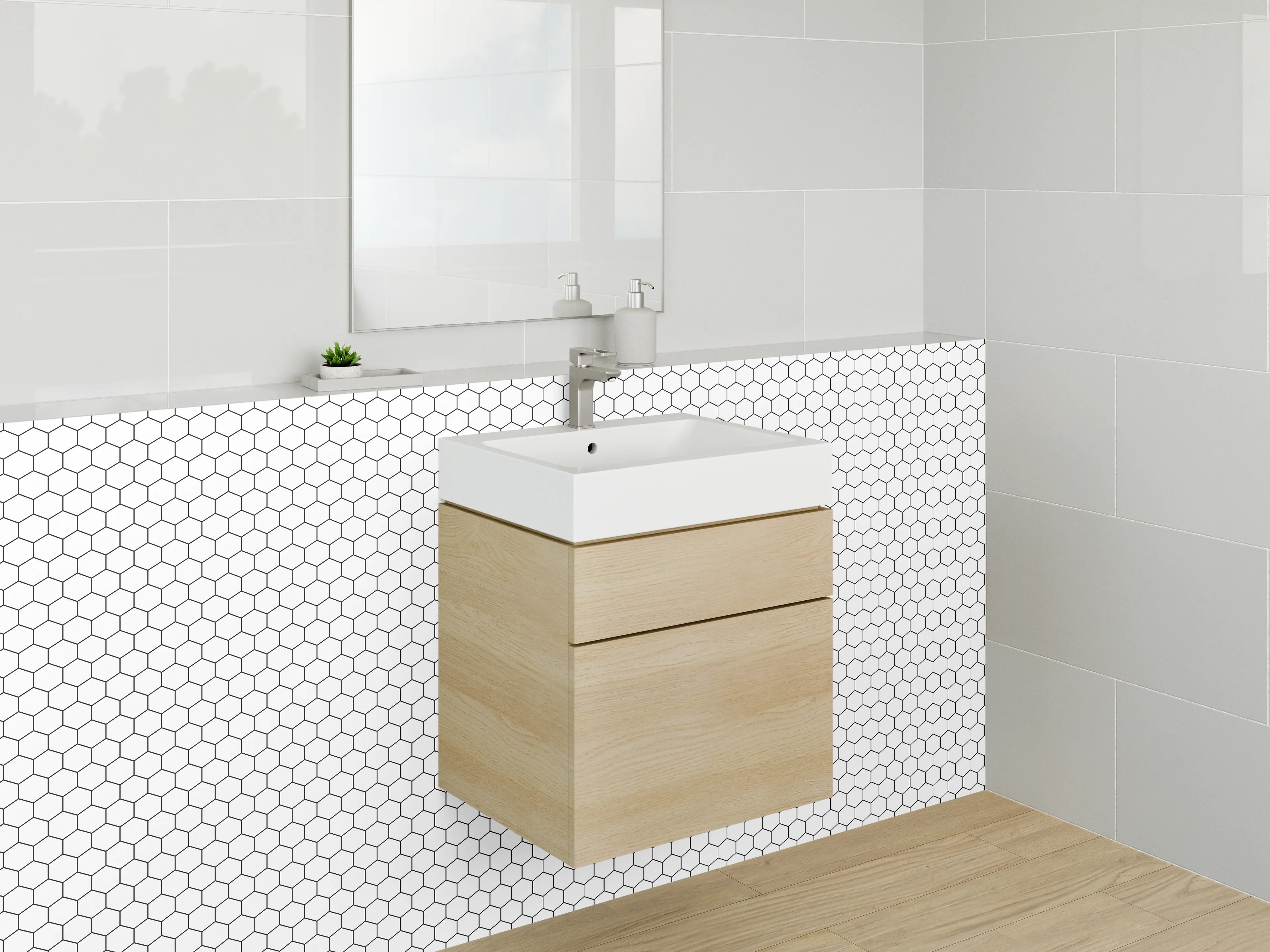 Waschbecken-Rückwand - Graue Akzente auf weißem Hexagon