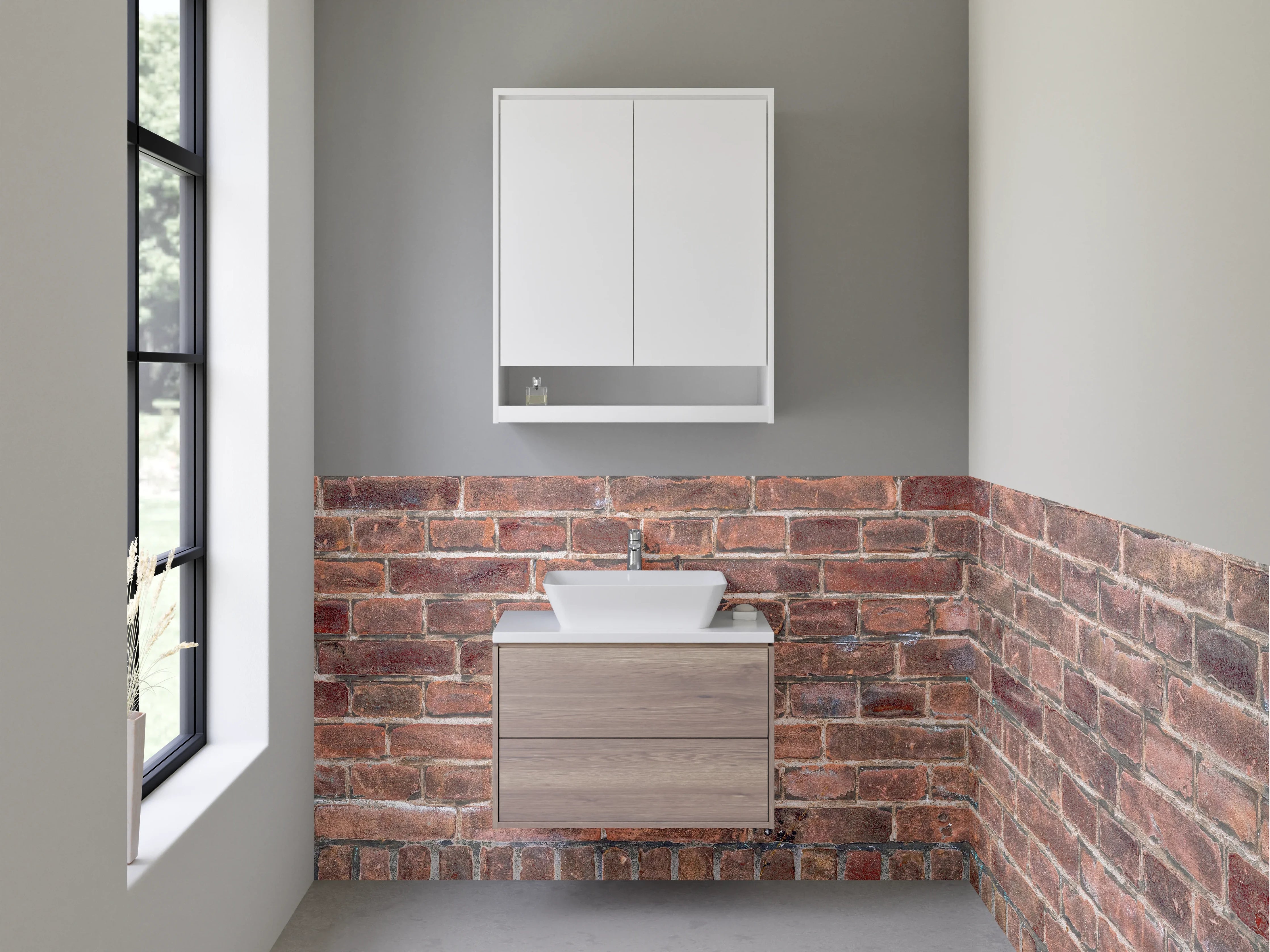 Waschbecken-Rückwand - Graue Backsteinstruktur mit weißen Akzenten