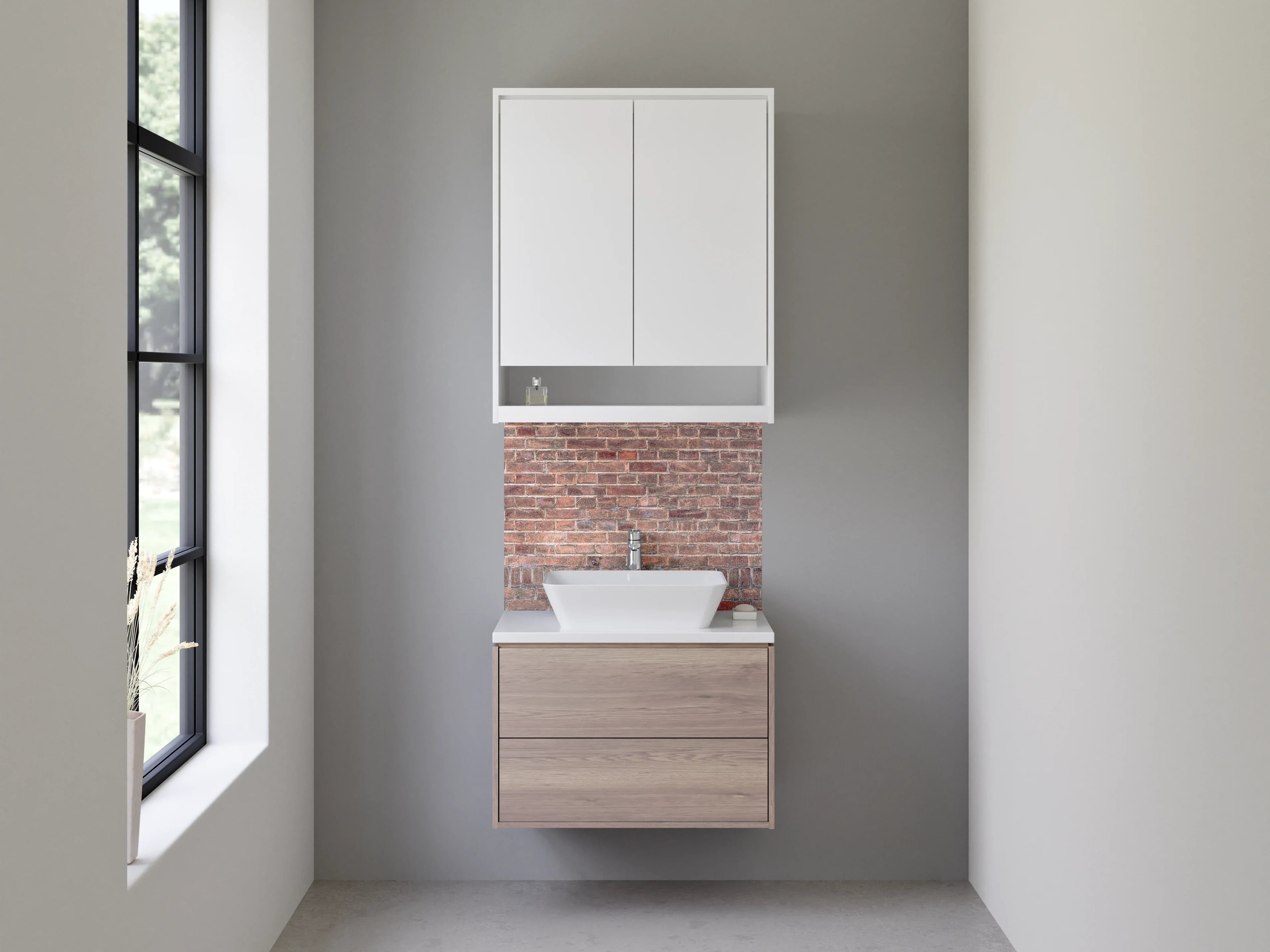 Waschbecken-Rückwand - Graue Backsteinstruktur mit weißen Akzenten