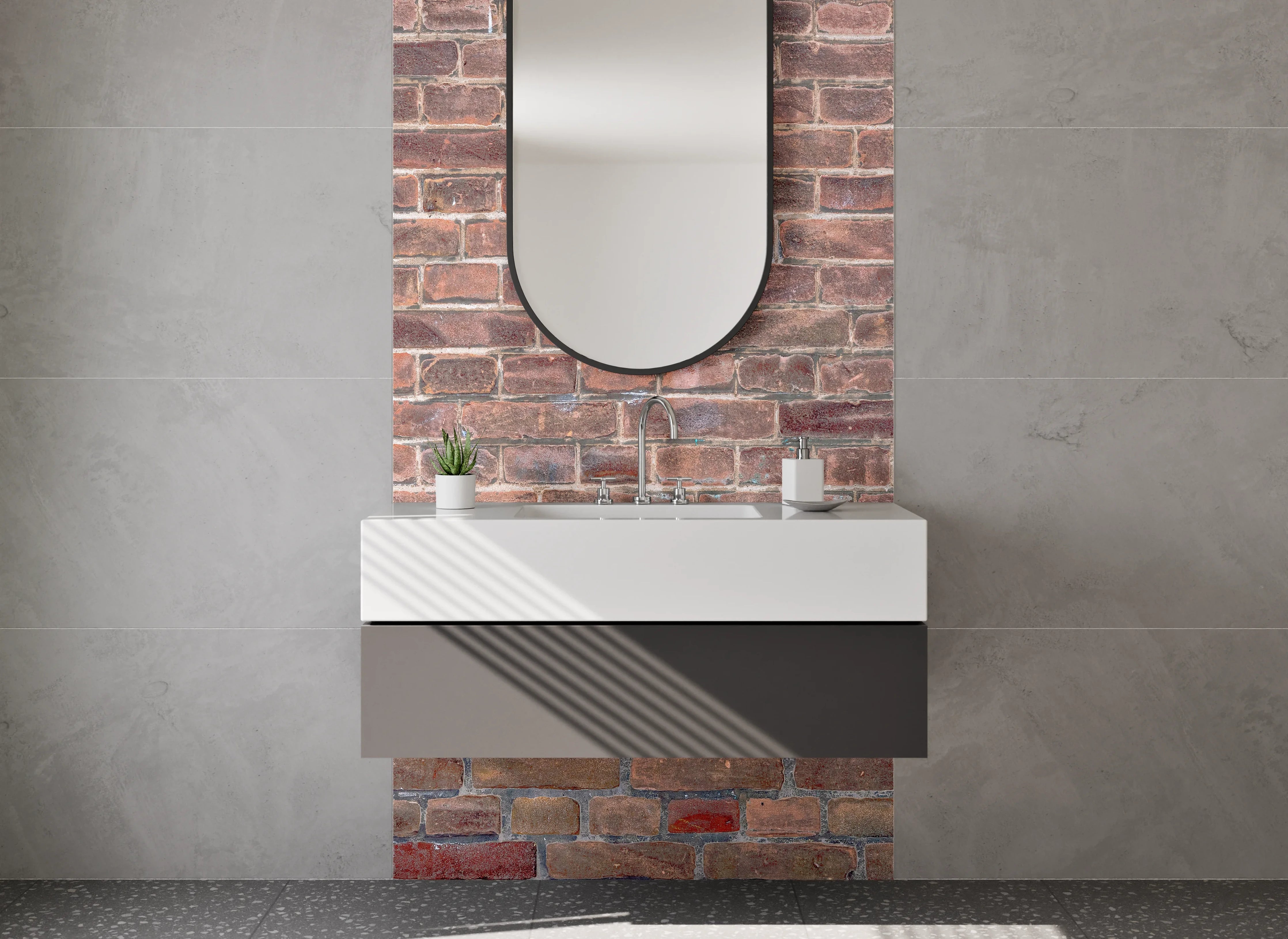 Waschbecken-Rückwand - Graue Backsteinstruktur mit weißen Akzenten