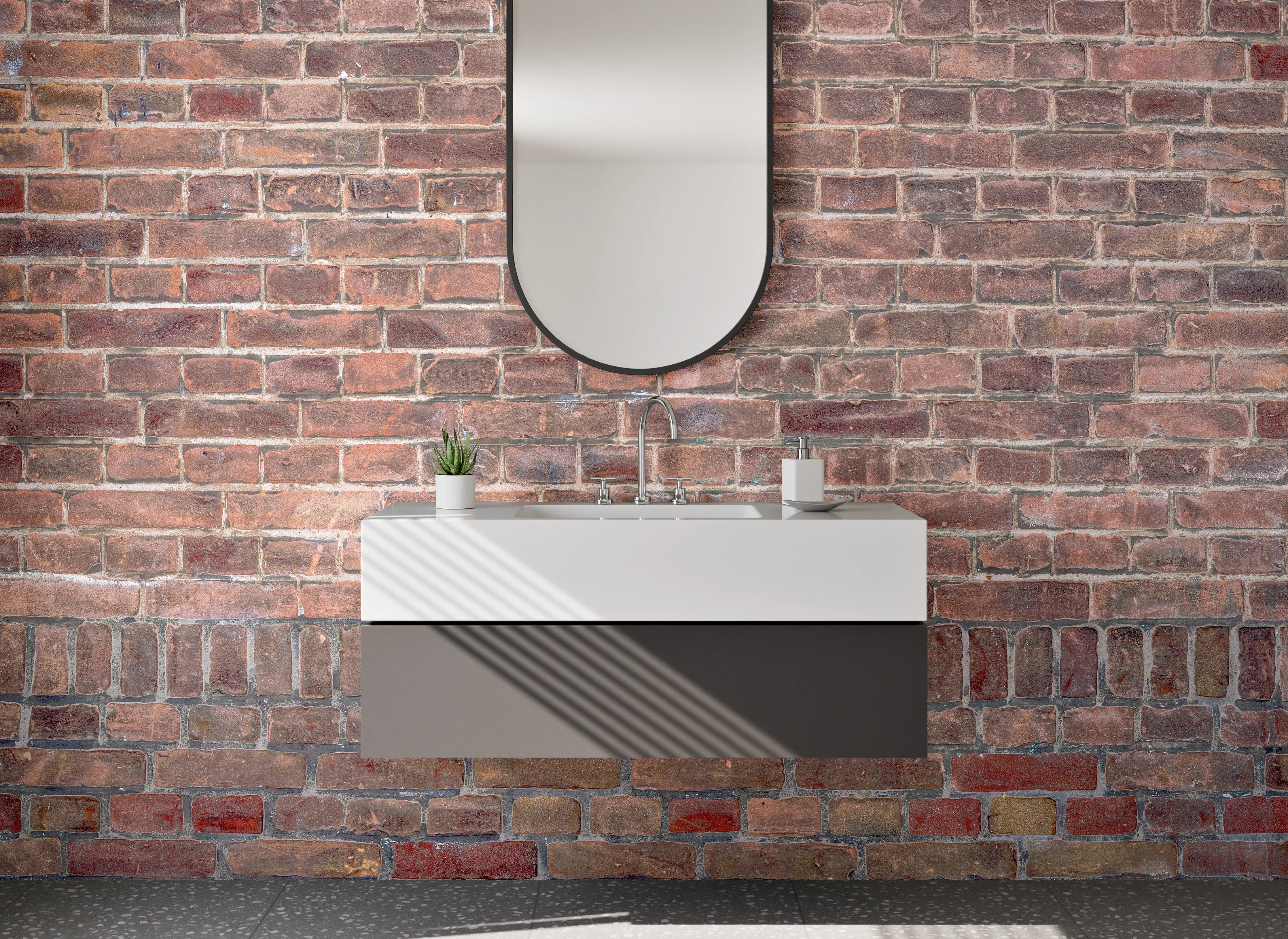 Waschbecken-Rückwand - Graue Backsteinstruktur mit weißen Akzenten