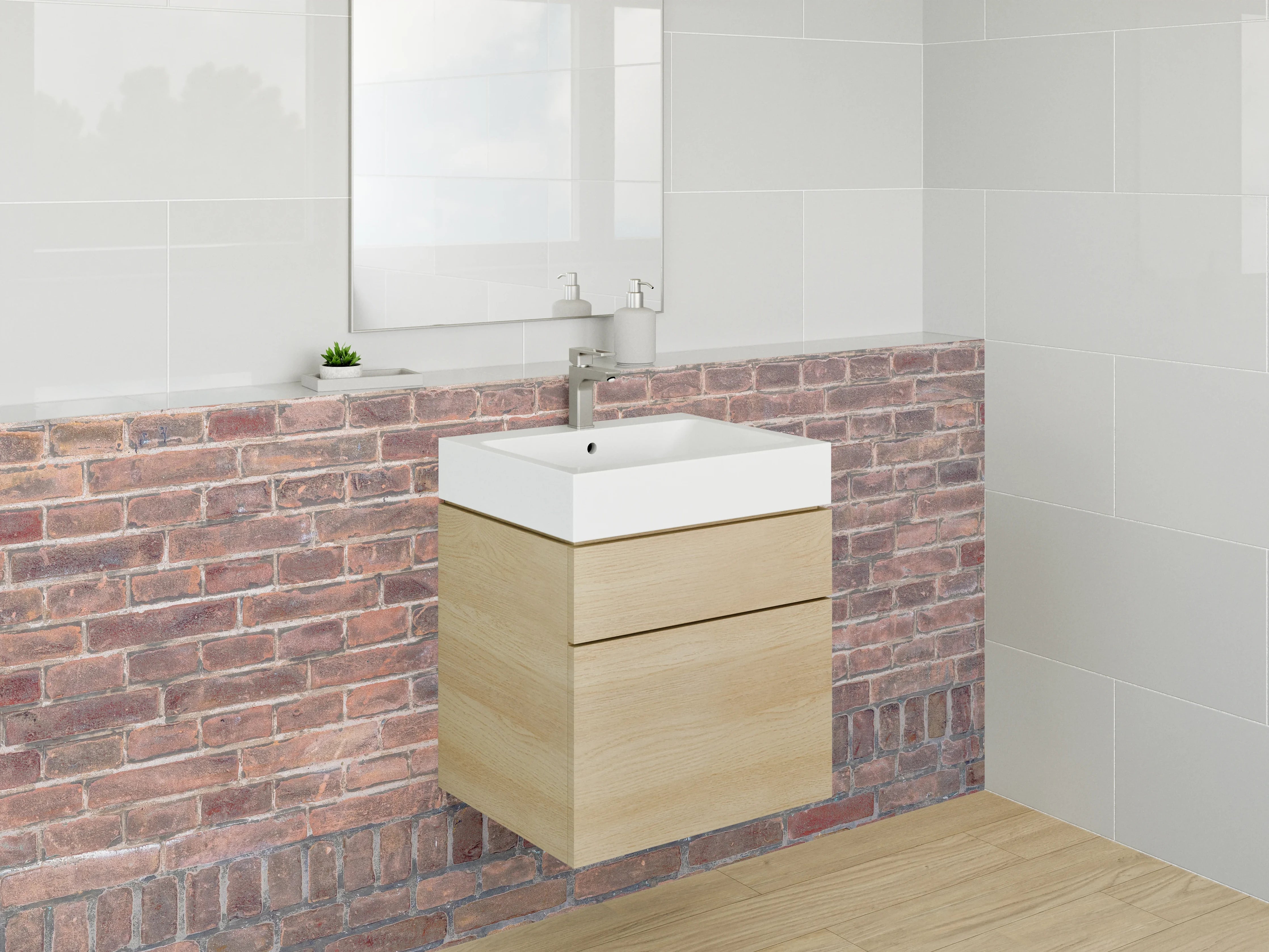 Waschbecken-Rückwand - Graue Backsteinstruktur mit weißen Akzenten