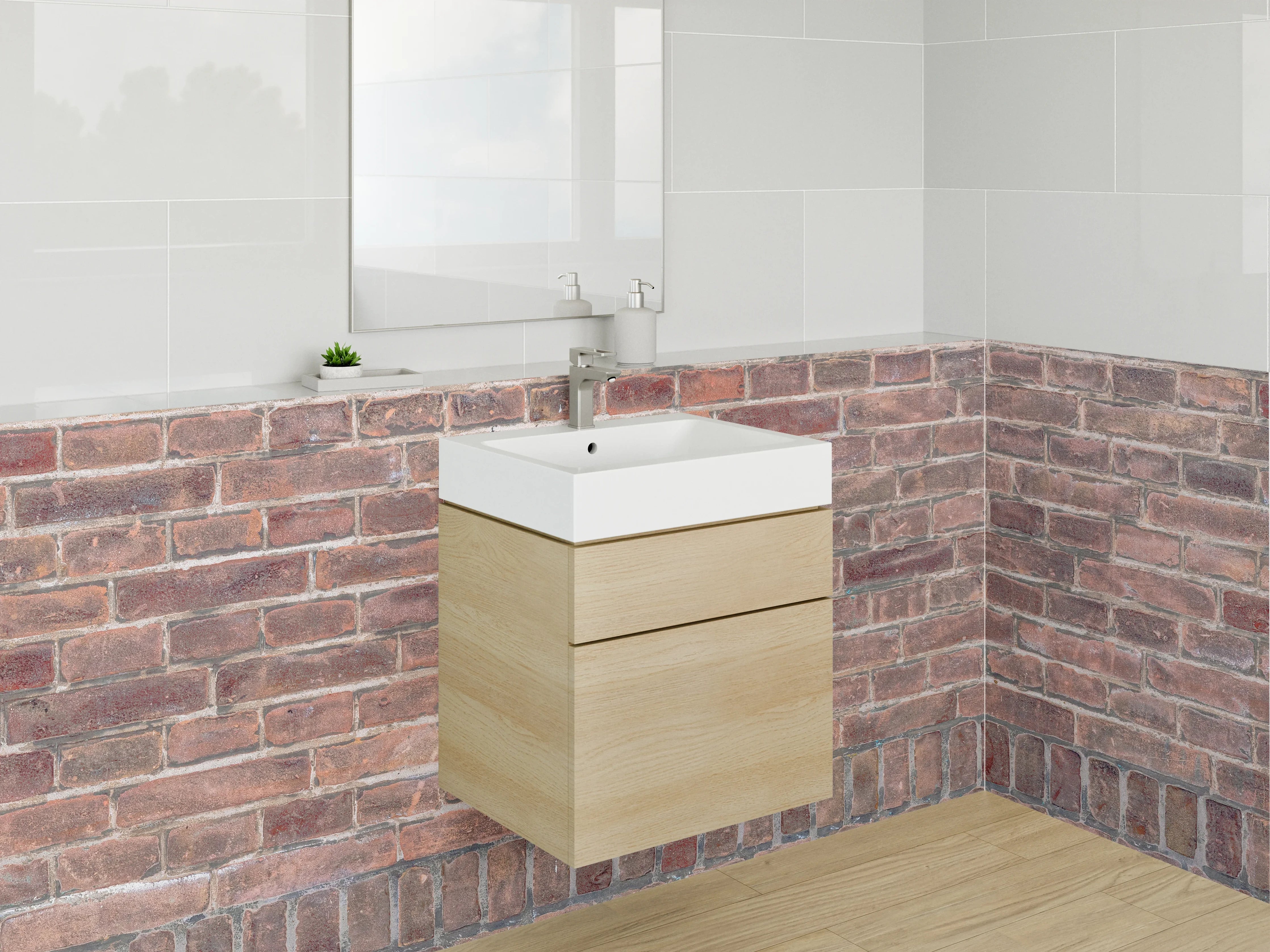 Waschbecken-Rückwand - Graue Backsteinstruktur mit weißen Akzenten