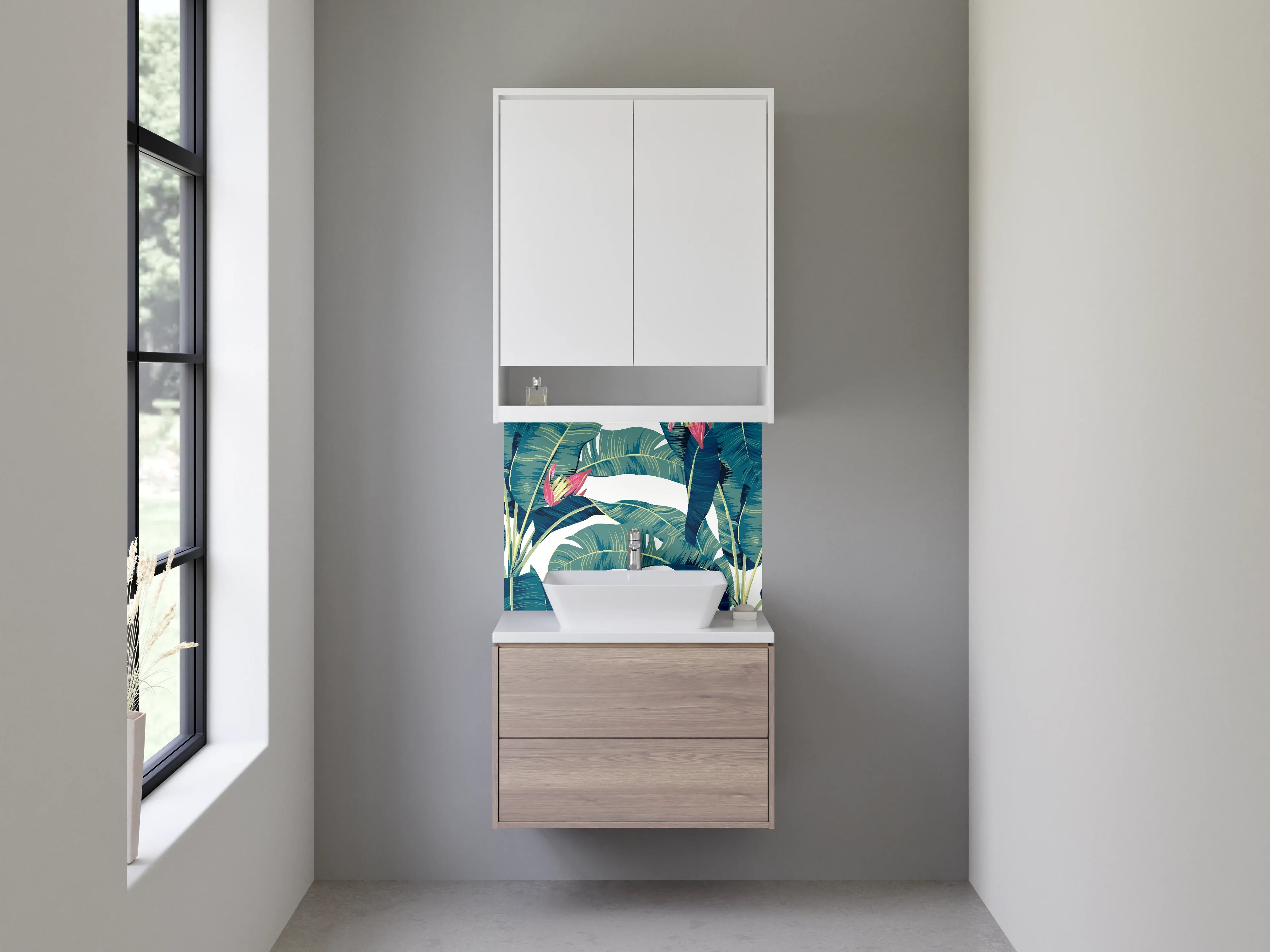 Waschbecken-Rückwand - Graue Bananenblätter auf Weiß Illustration