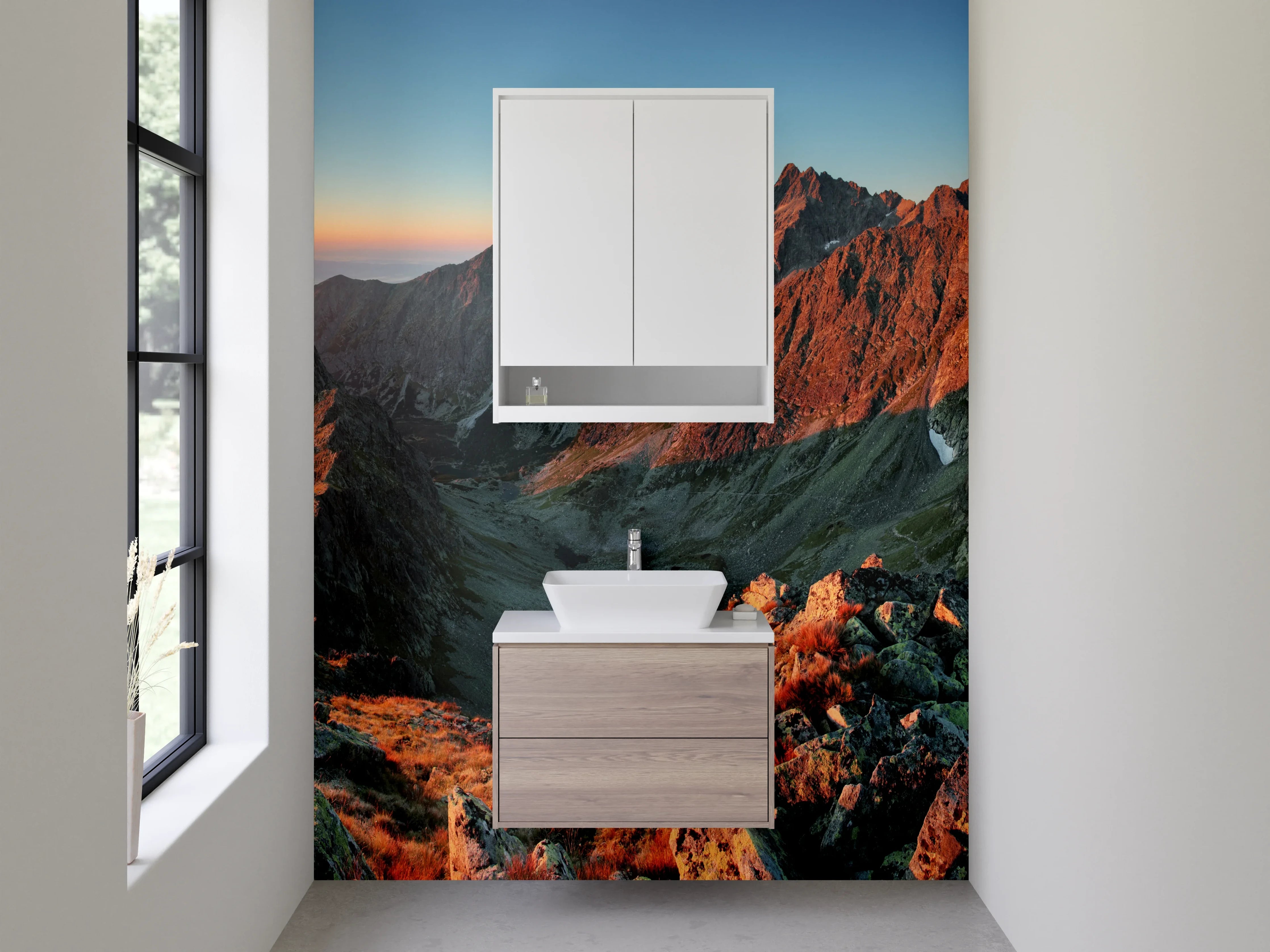 Waschbecken-Rückwand - Graue Bergsilhouetten bei Dämmerung