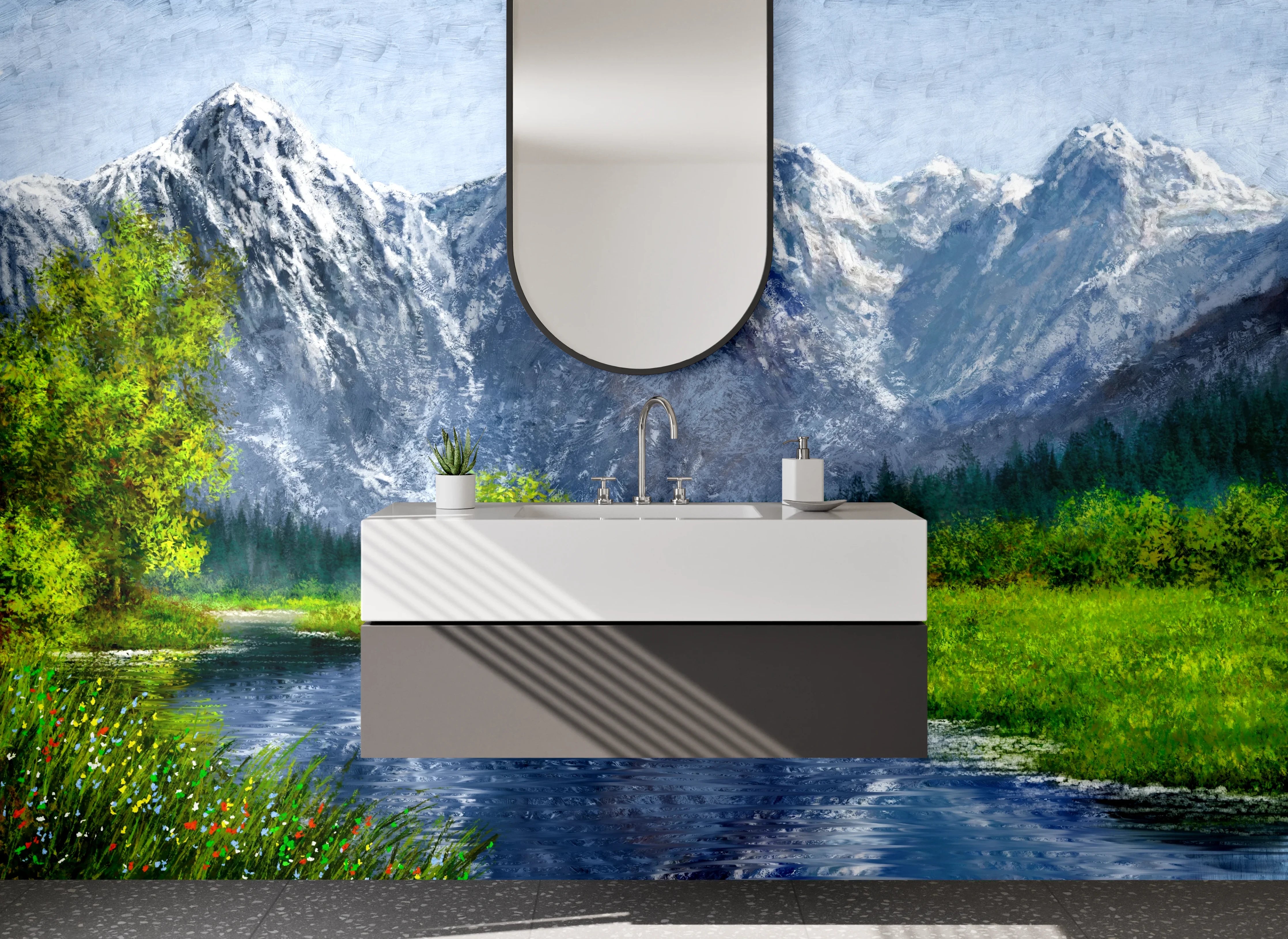 Waschbecken-Rückwand - Graue Bergwelt am fließenden Wasser
