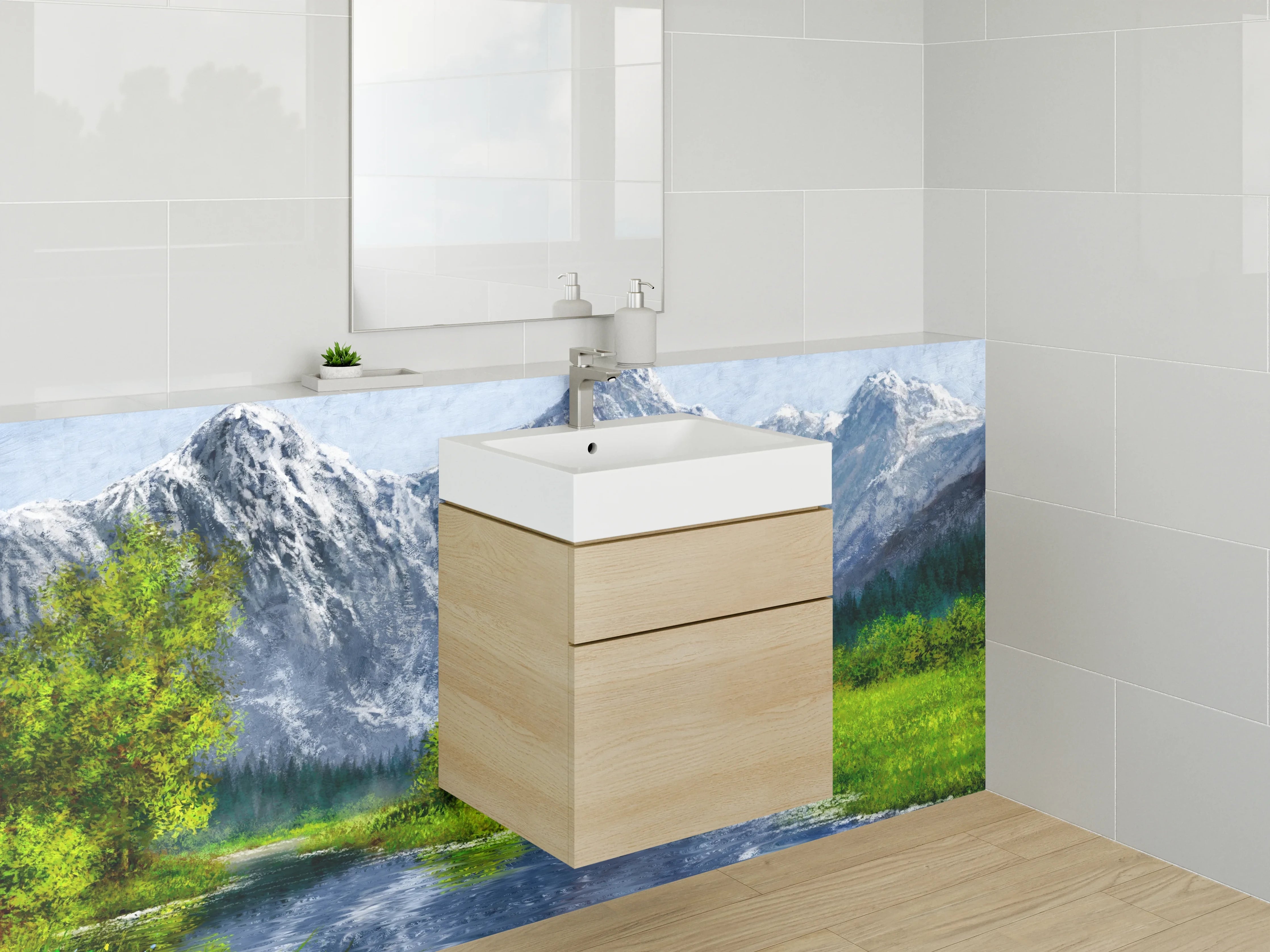 Waschbecken-Rückwand - Graue Bergwelt am fließenden Wasser