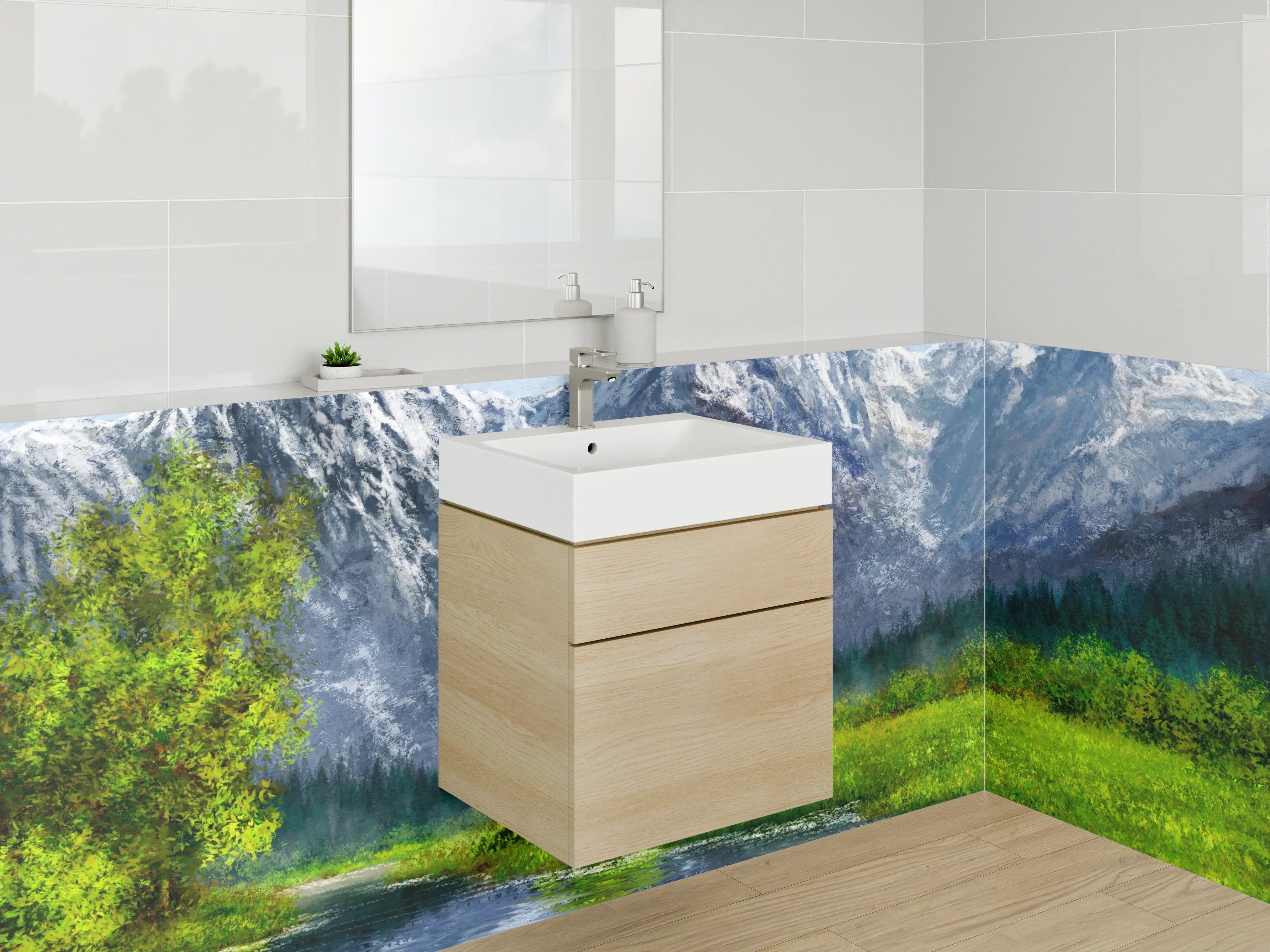 Waschbecken-Rückwand - Graue Bergwelt am fließenden Wasser