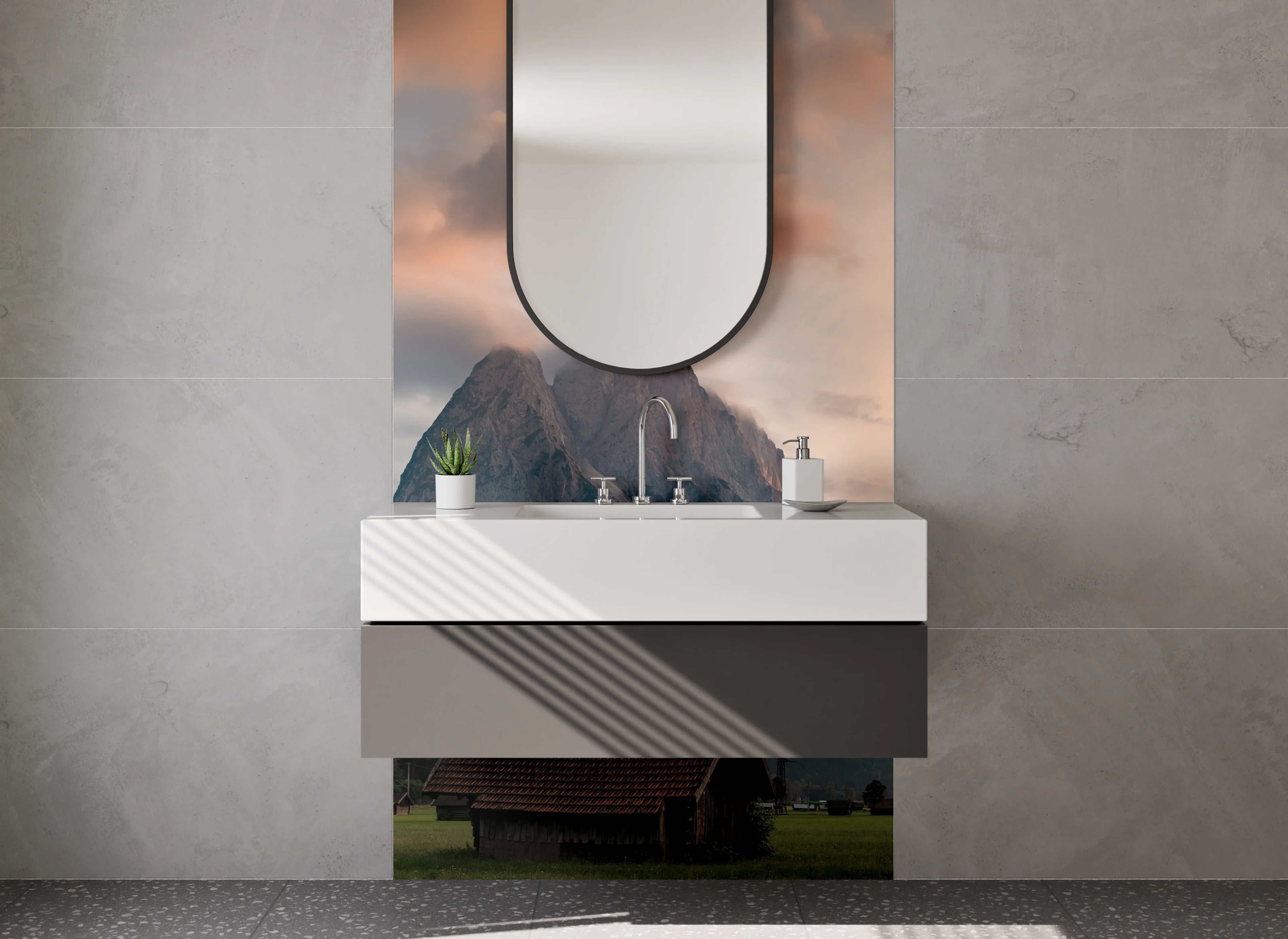 Waschbecken-Rückwand - Graue Bergwelt im Abenddämmerlicht