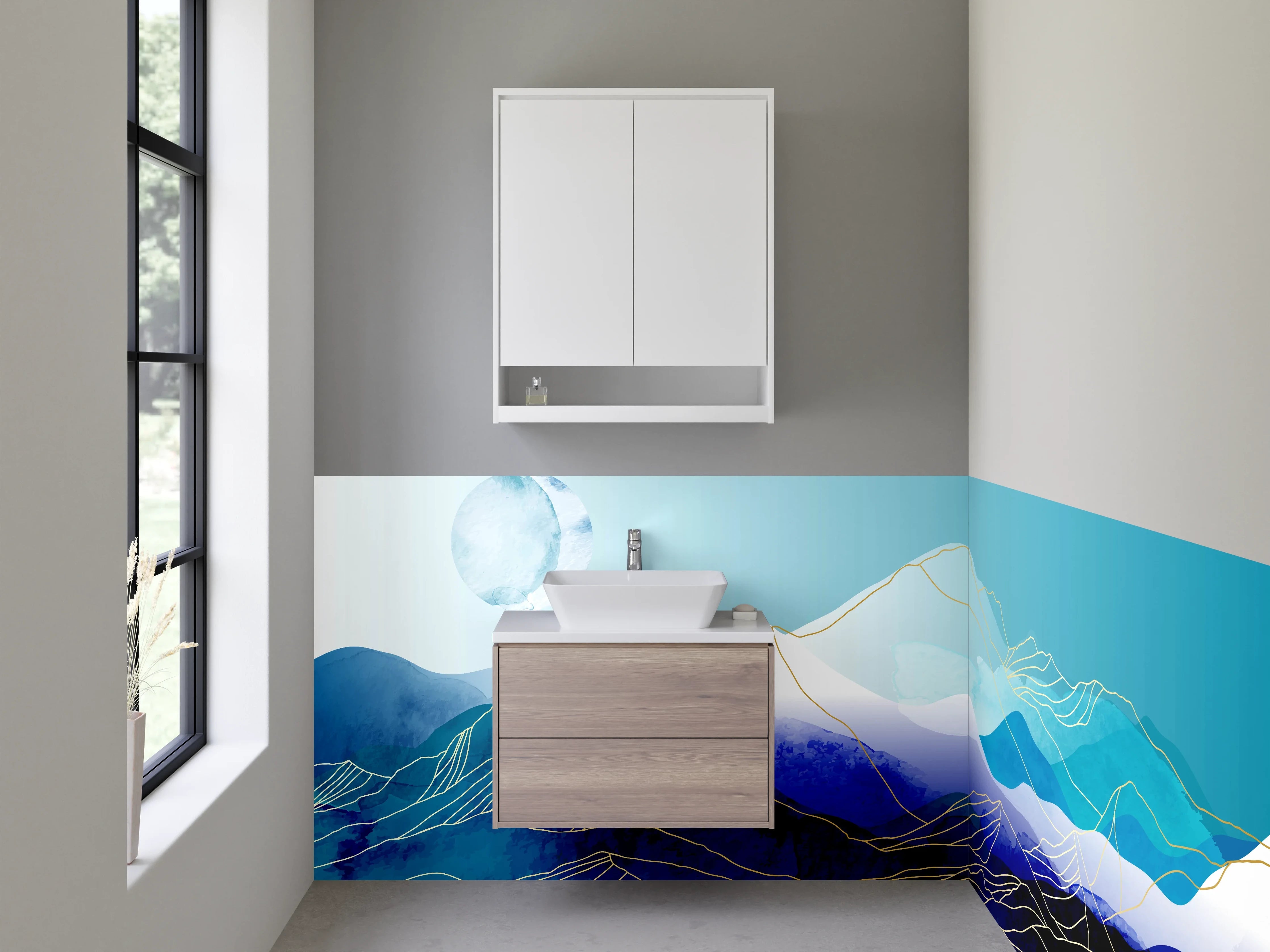 Waschbecken-Rückwand - Graue Bergwelt in Blau und Gold