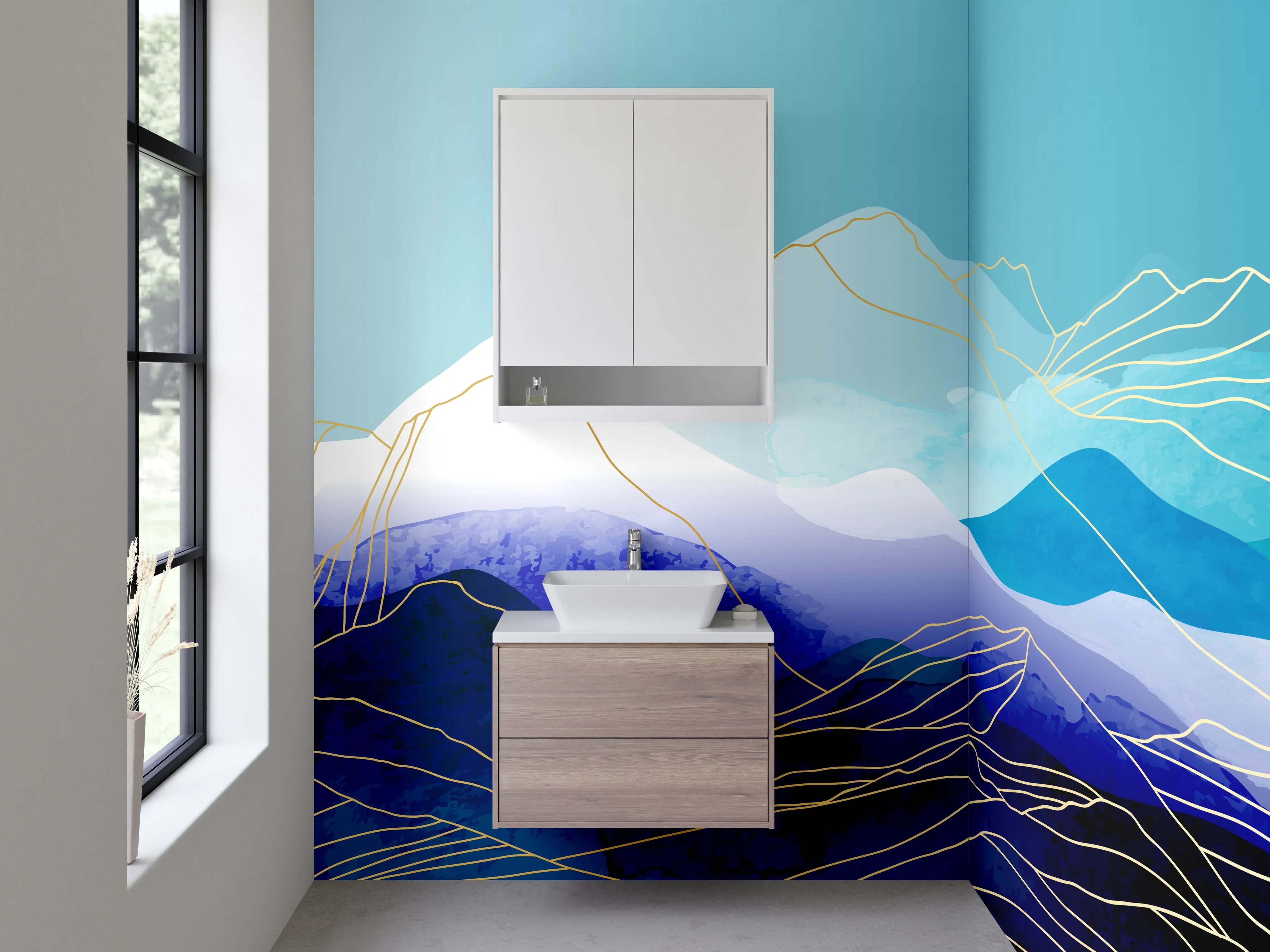 Waschbecken-Rückwand - Graue Bergwelt in Blau und Gold