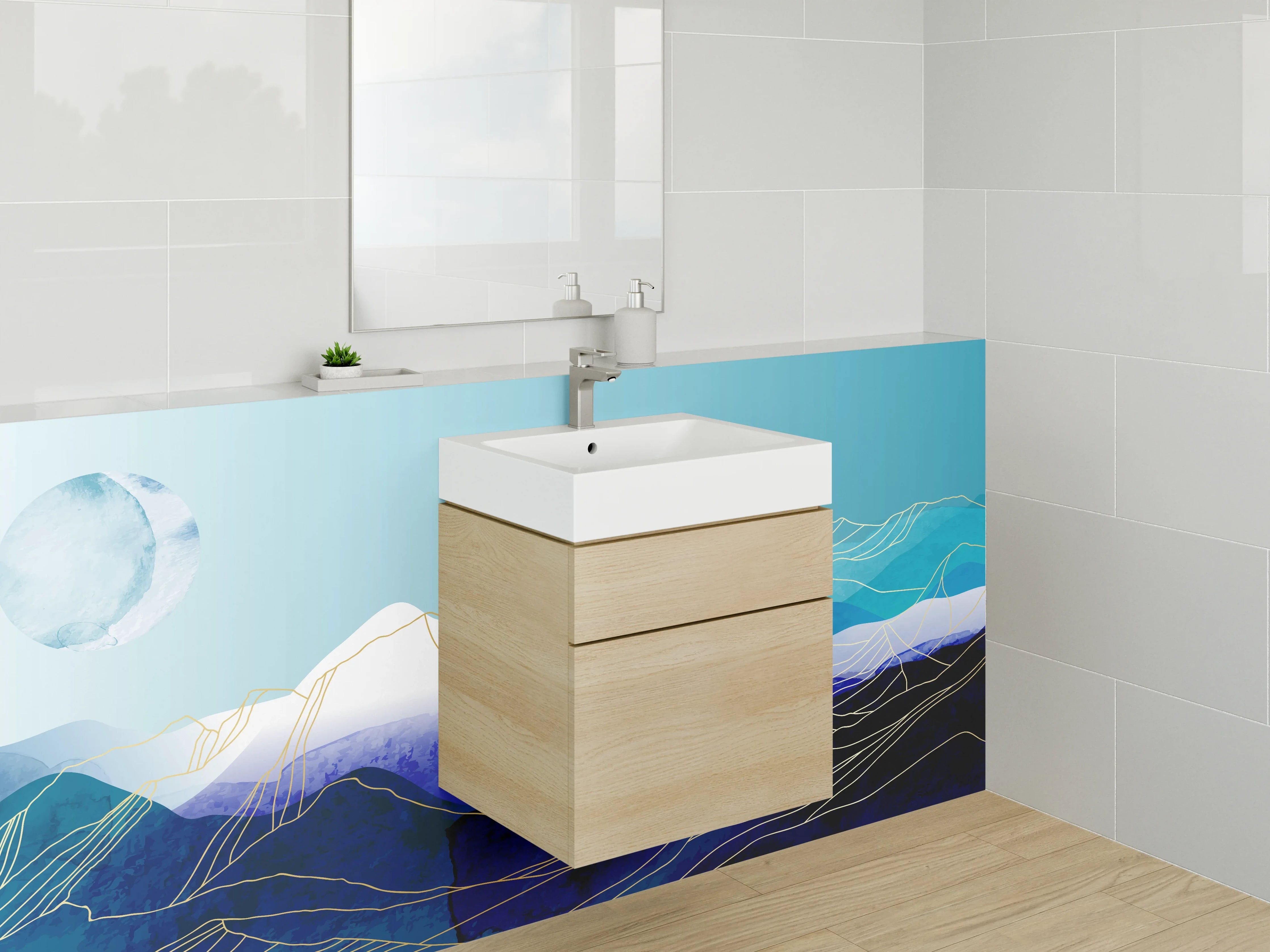 Waschbecken-Rückwand - Graue Bergwelt in Blau und Gold