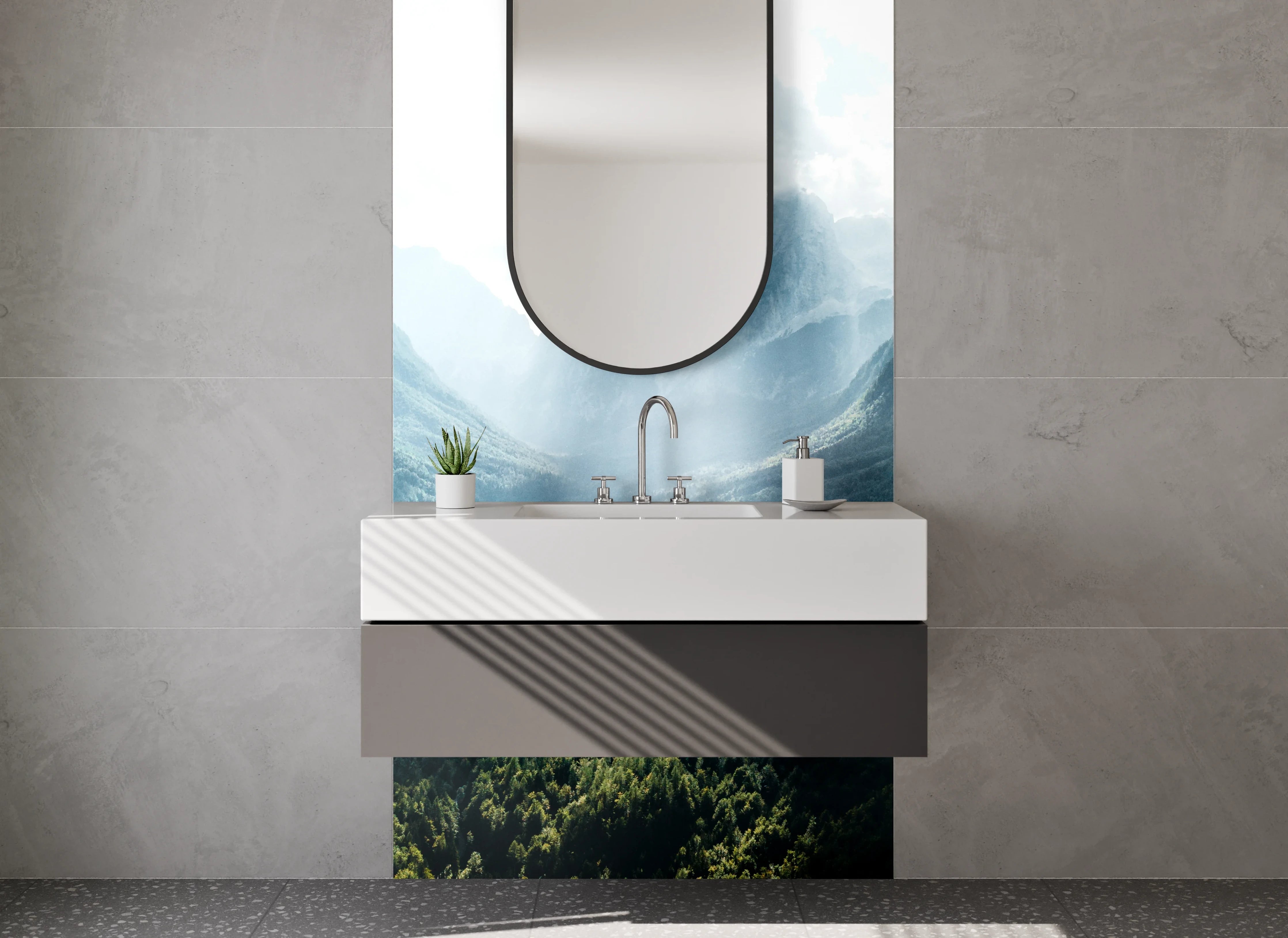 Waschbecken-Rückwand - Graue Gipfel im Sonnenlicht