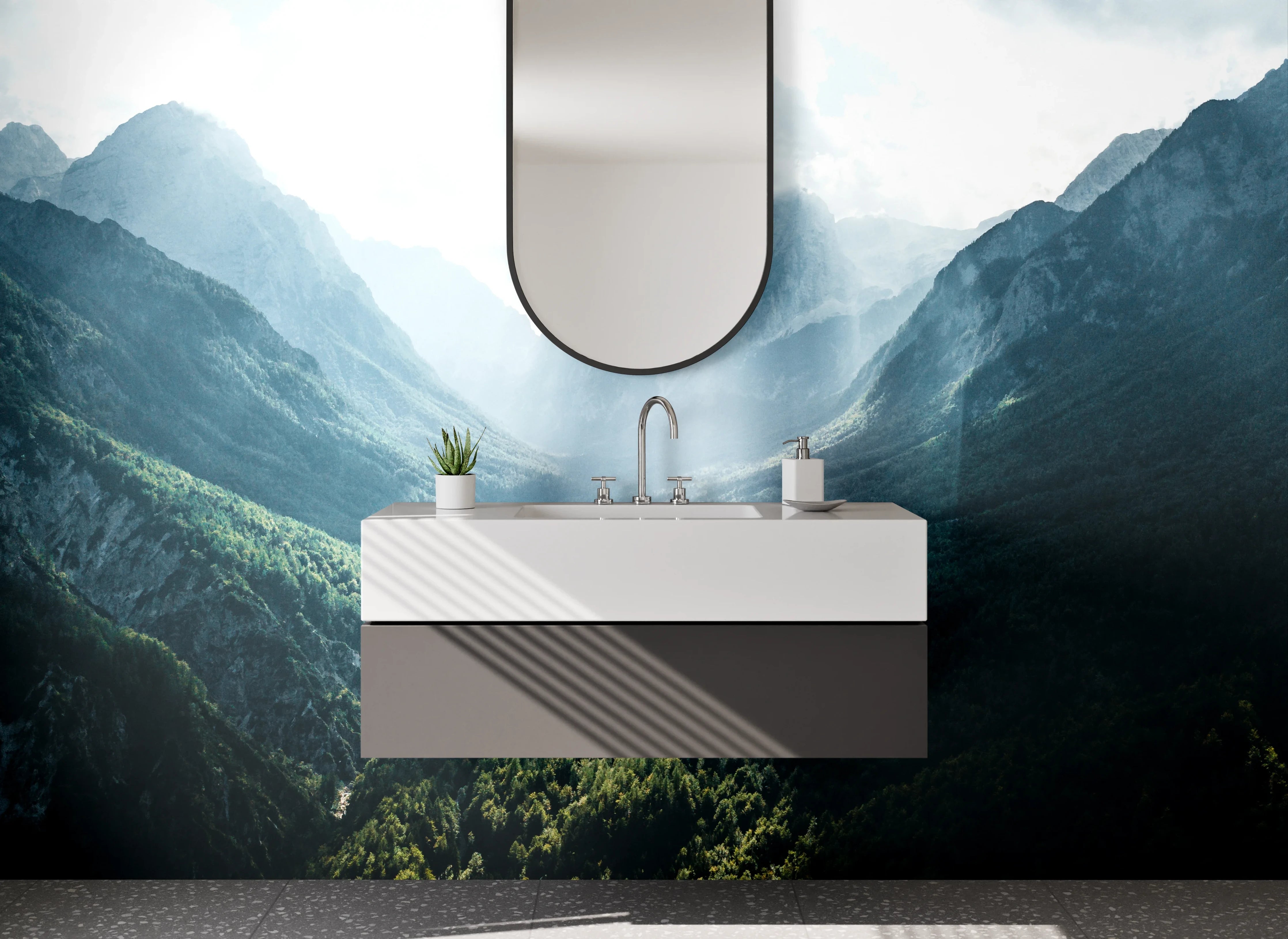 Waschbecken-Rückwand - Graue Gipfel im Sonnenlicht