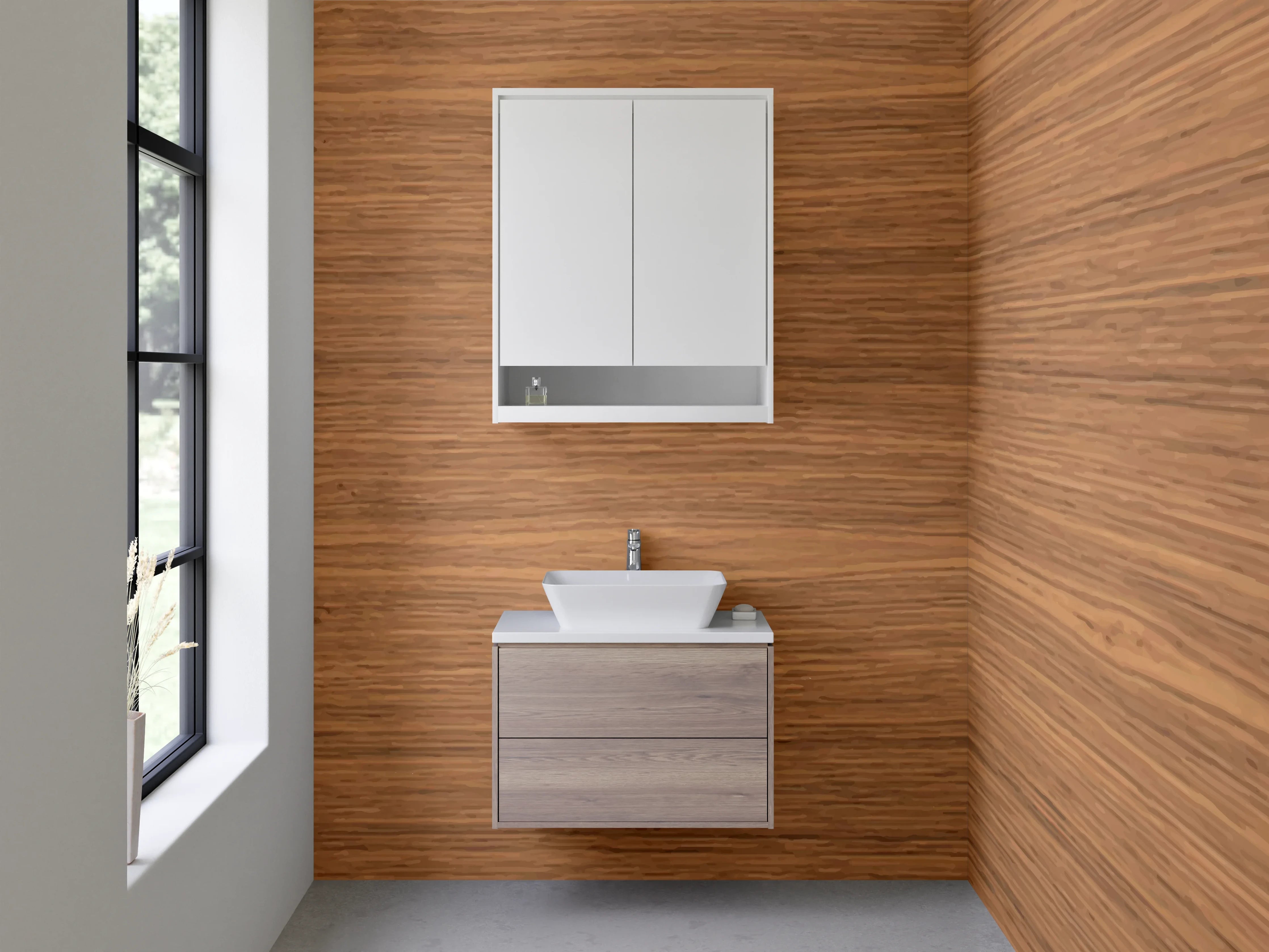 Waschbecken-Rückwand - Graue Holzakzente für Waschrückwand