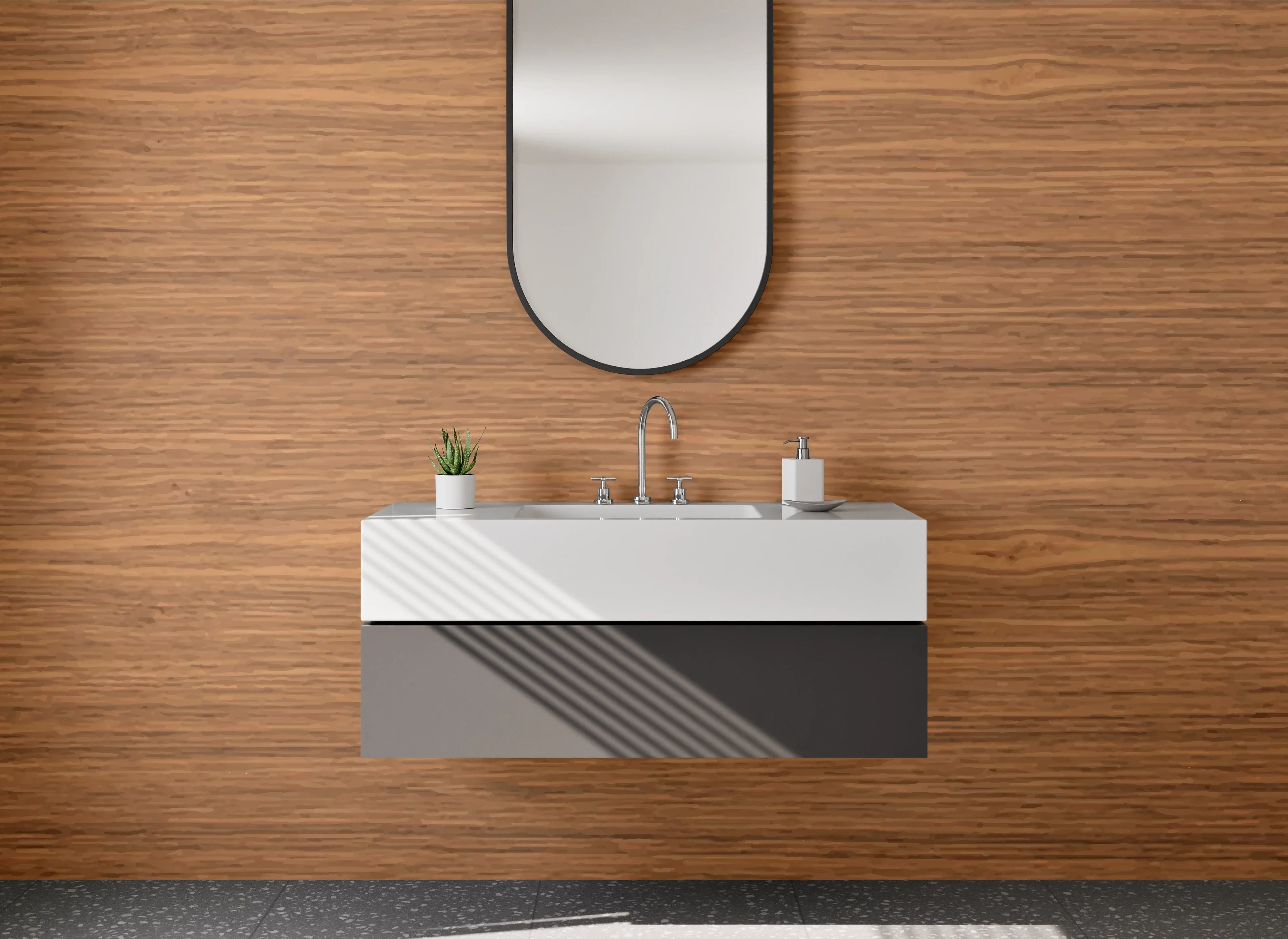 Waschbecken-Rückwand - Graue Holzakzente für Waschrückwand