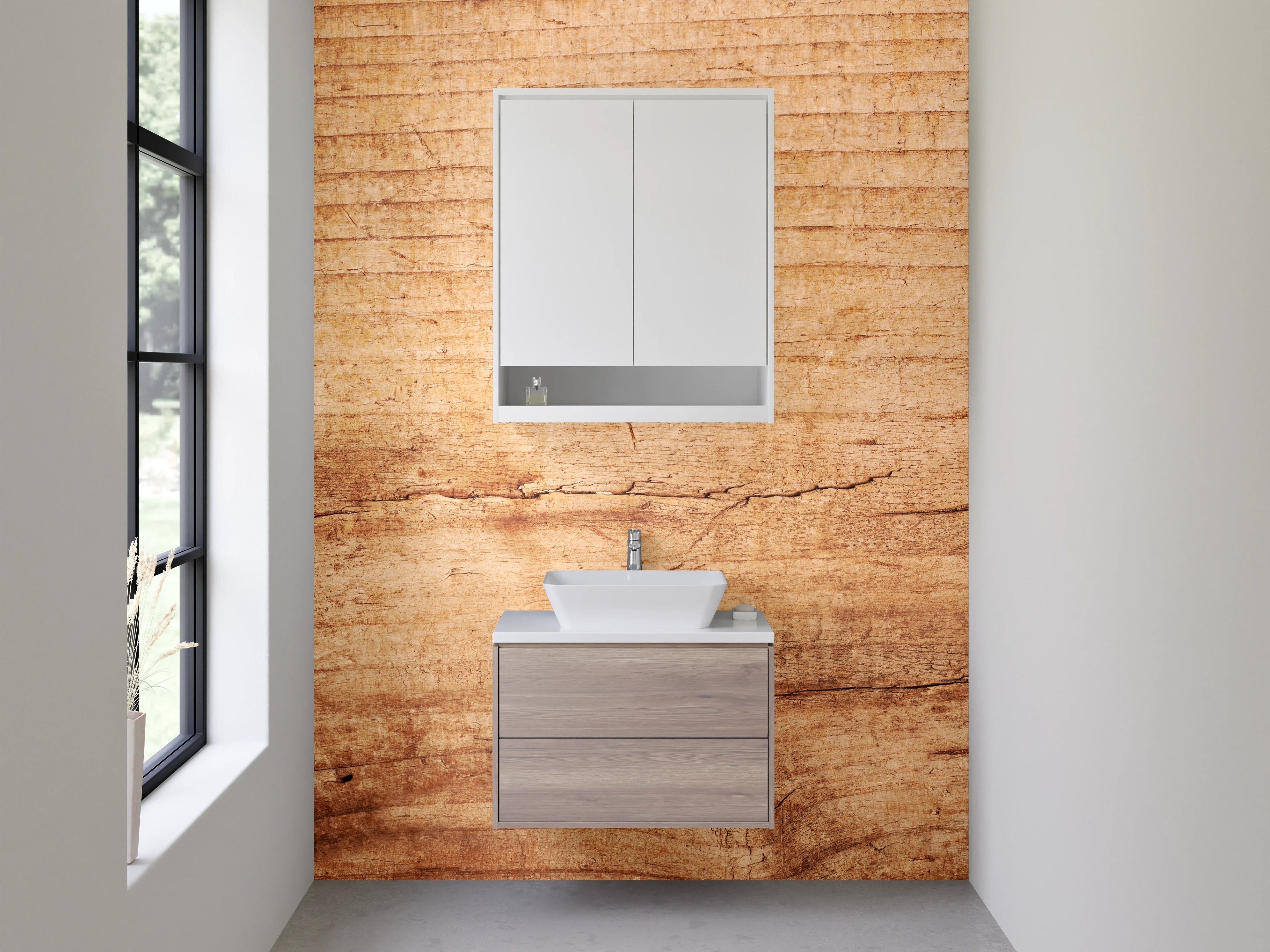 Waschbecken-Rückwand - Graue Holzoptik-Küchenrückwand in Weiß