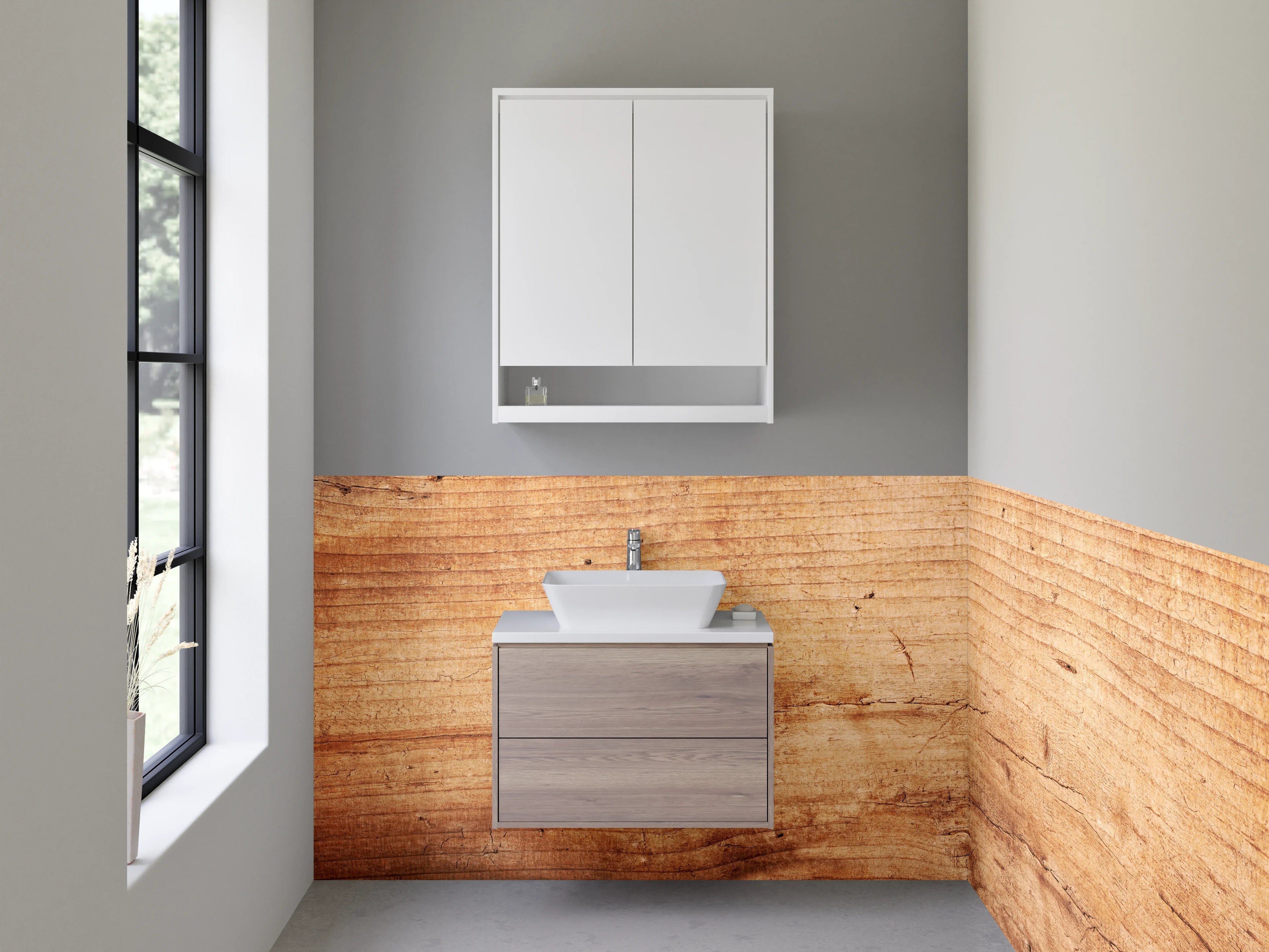 Waschbecken-Rückwand - Graue Holzoptik-Küchenrückwand in Weiß