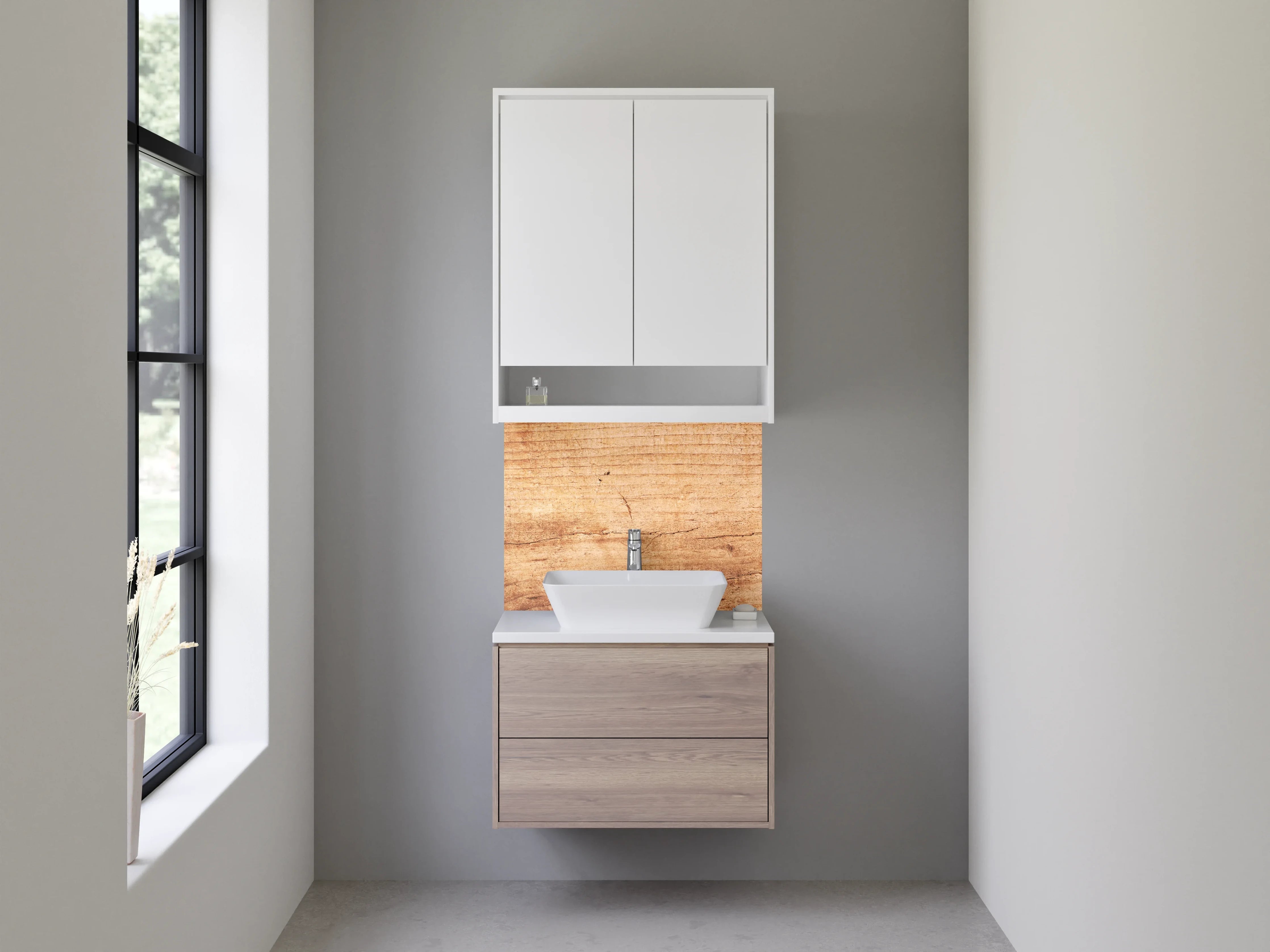 Waschbecken-Rückwand - Graue Holzoptik-Küchenrückwand in Weiß