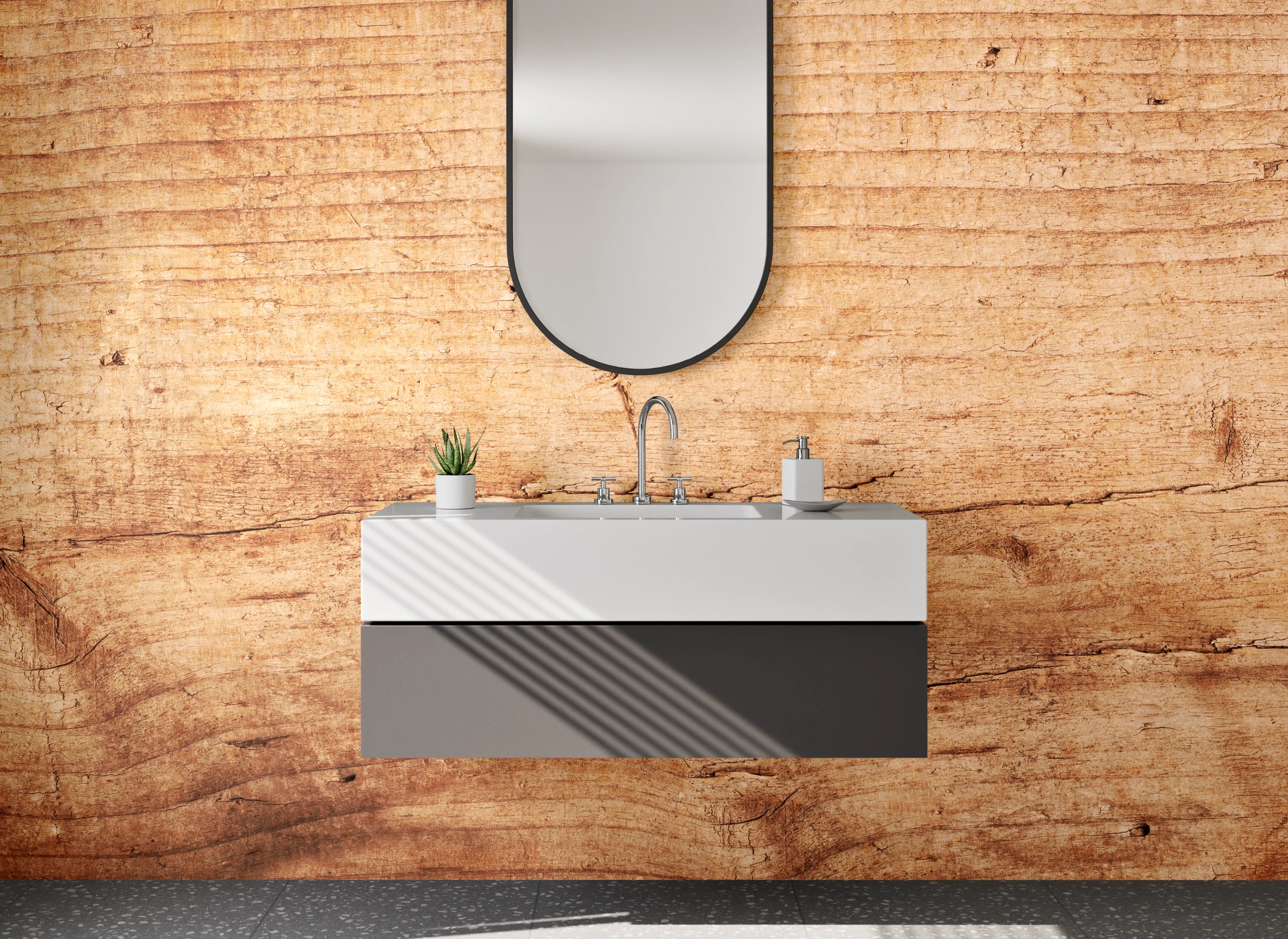 Waschbecken-Rückwand - Graue Holzoptik-Küchenrückwand in Weiß