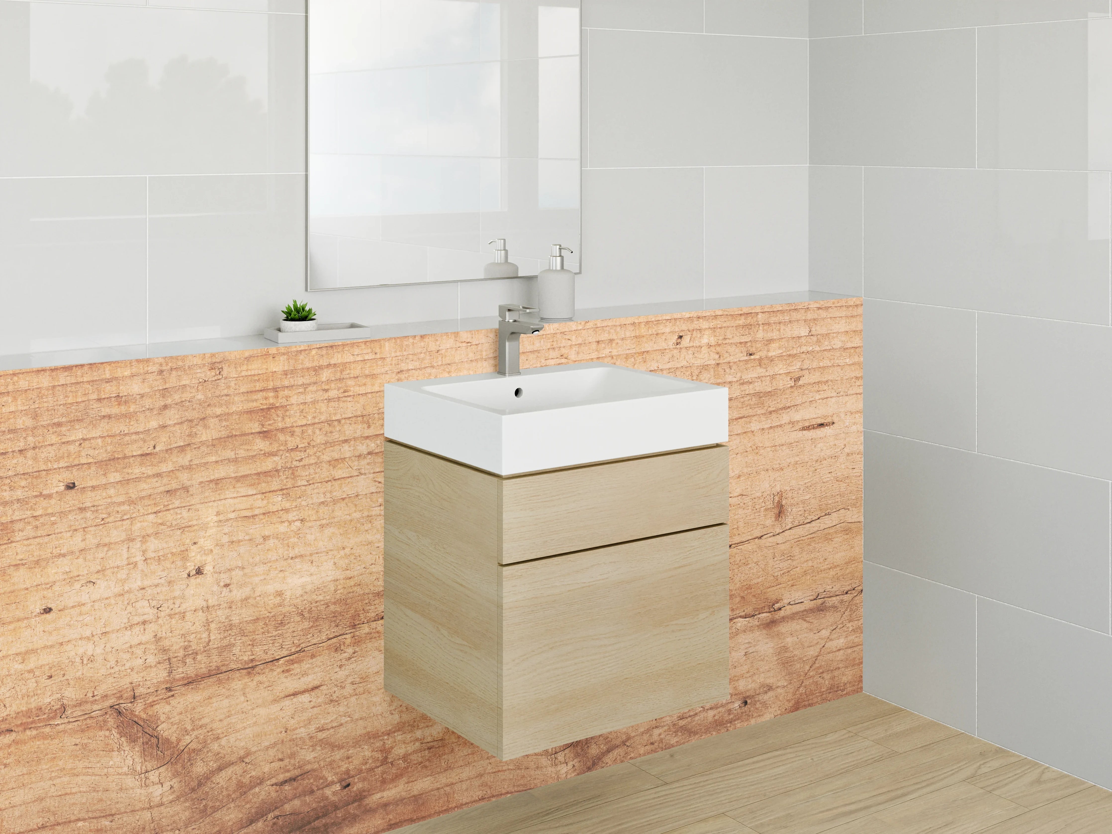 Waschbecken-Rückwand - Graue Holzoptik-Küchenrückwand in Weiß