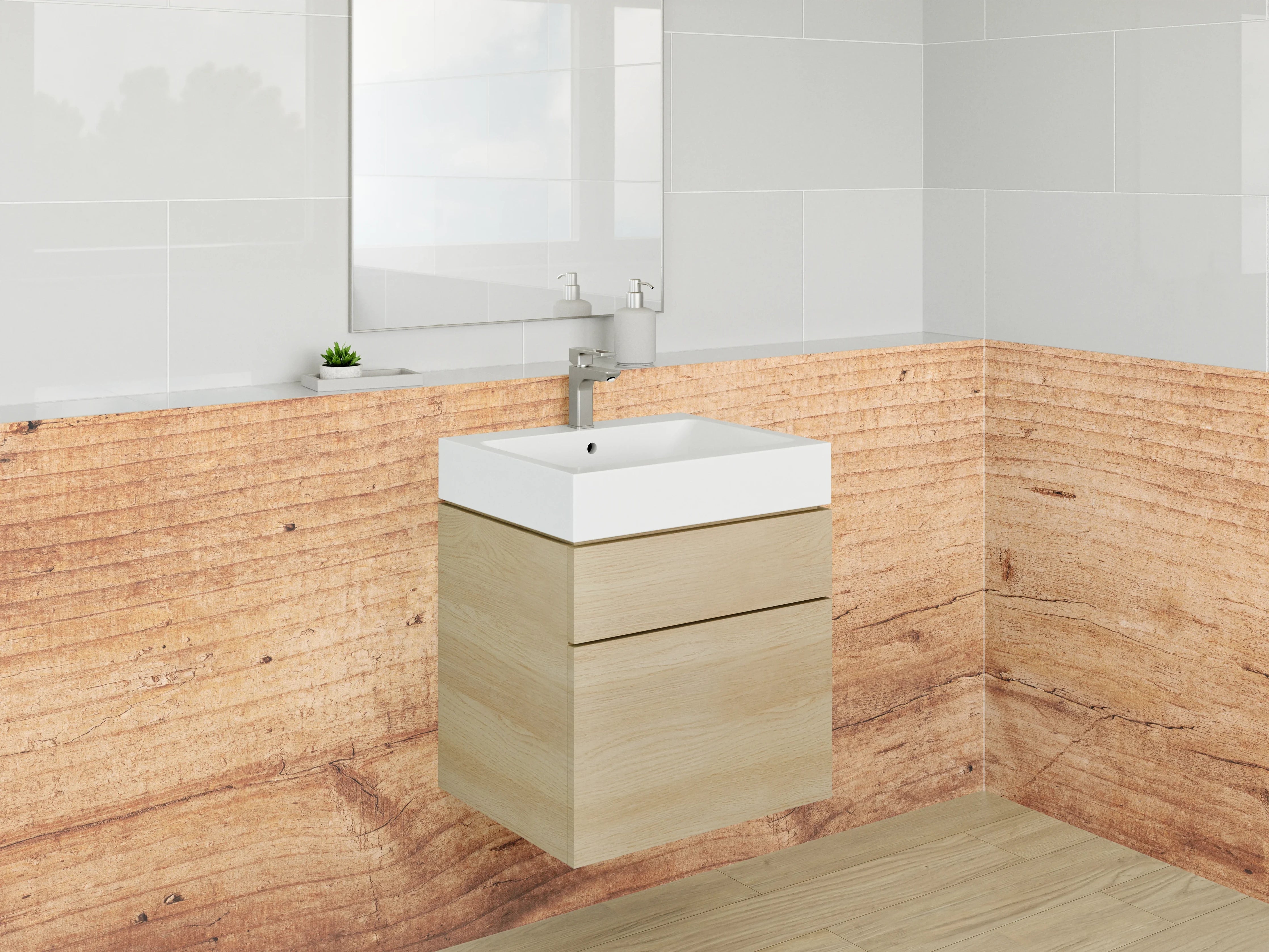 Waschbecken-Rückwand - Graue Holzoptik-Küchenrückwand in Weiß